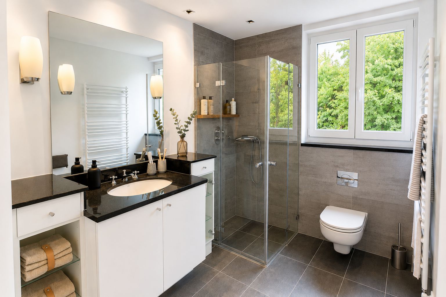 Modernes Badezimmer mit großer Dusche, Waschbecken, WC und Fenster mit Blick ins Grüne.
