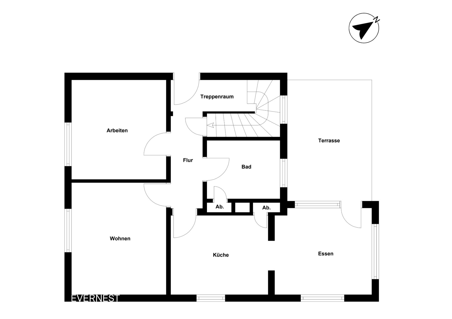 Grundriss mit Räumen: Arbeiten, Wohnen, Küche, Essen, Bad, Flur, Treppenraum und Terrasse.