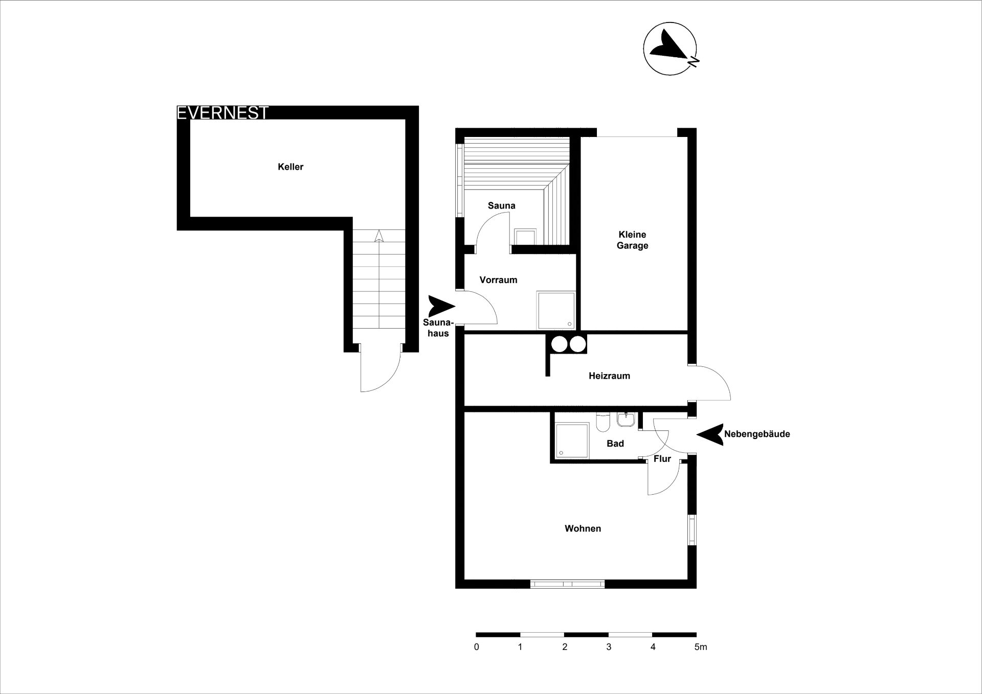 Grundriss eines Wohnhauses mit Keller, Sauna, kleiner Garage, Heizraum, Bad und Wohnbereich.
