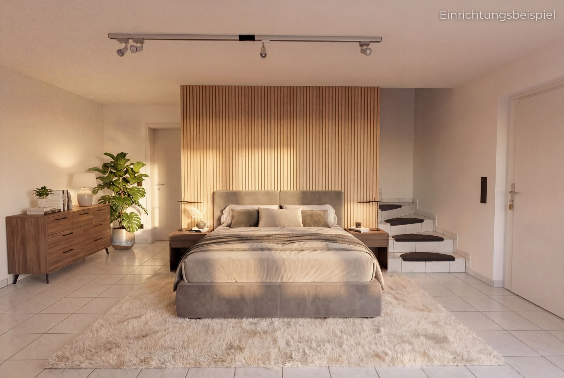 Modernes Schlafzimmer mit großem Bett, Teppich, Kommode, Pflanze und einer kleinen Treppe im Hintergrund.