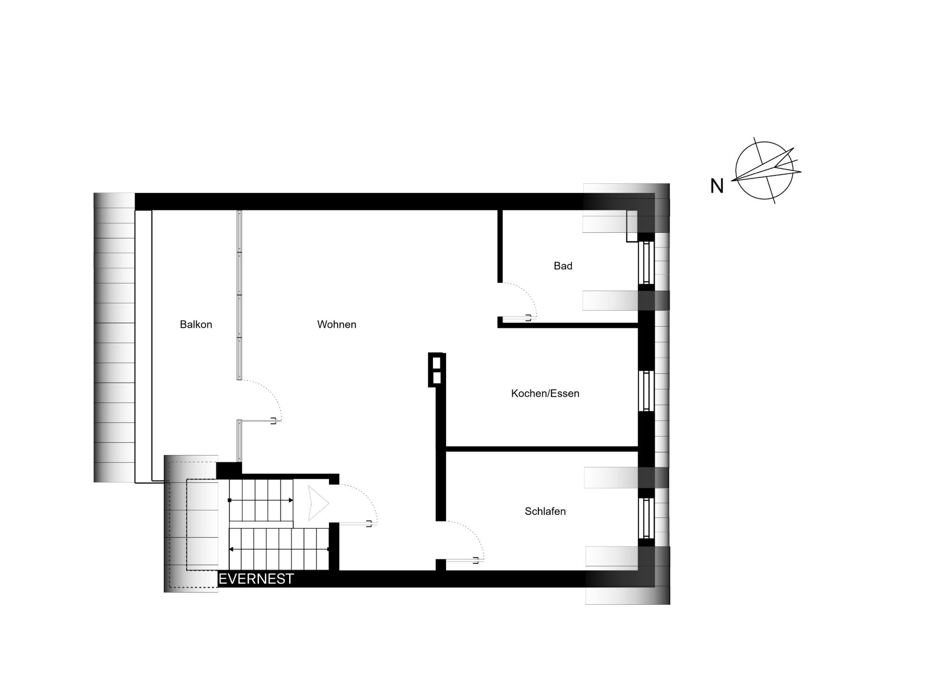 Grundriss einer Wohnung mit Balkon, Wohnzimmer, Bad, Küche/Essbereich und Schlafzimmer.