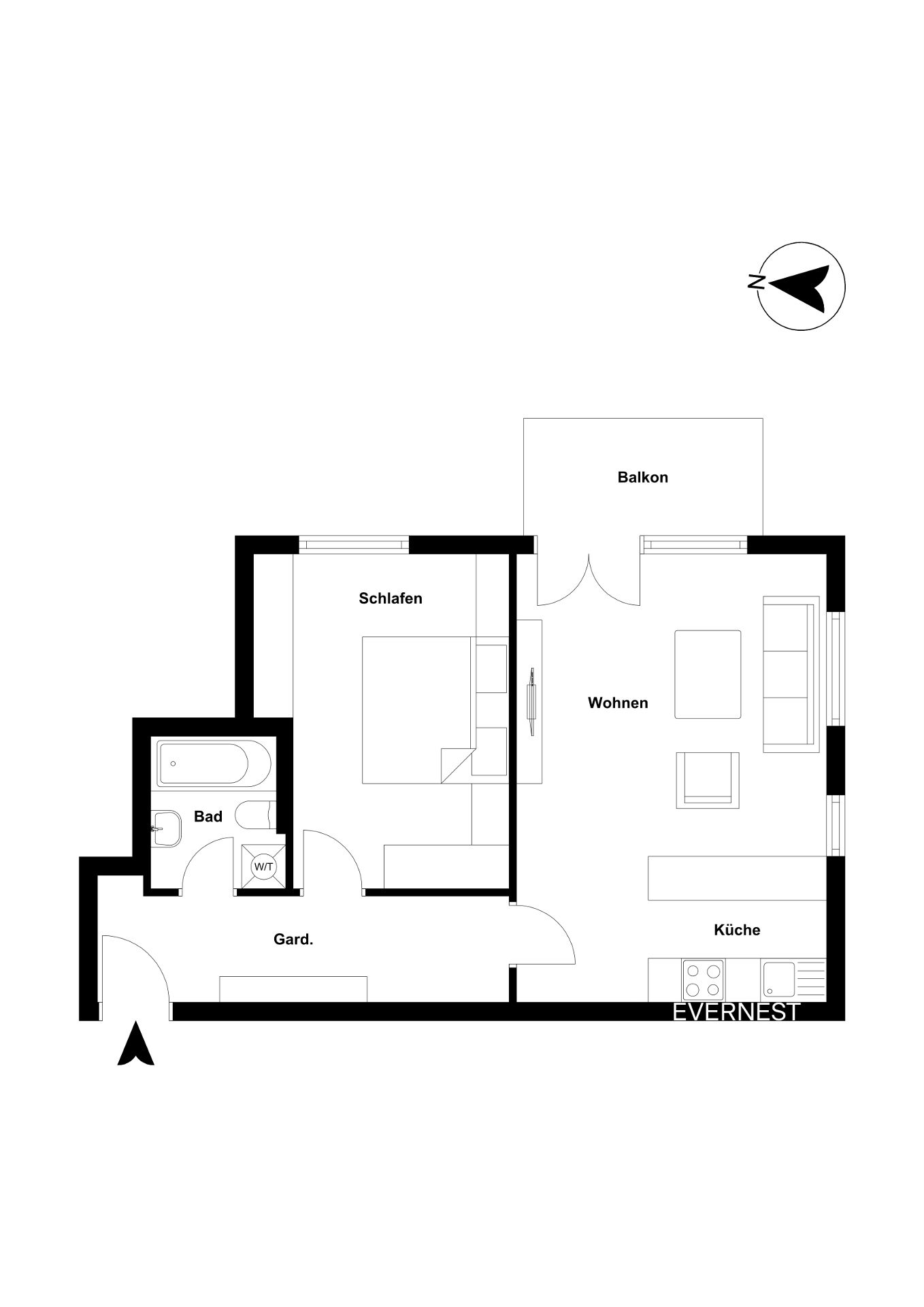 Wohnungsgrundriss mit Schlafzimmer, Bad, Garderobe, Wohnzimmer, Küche und Balkon.