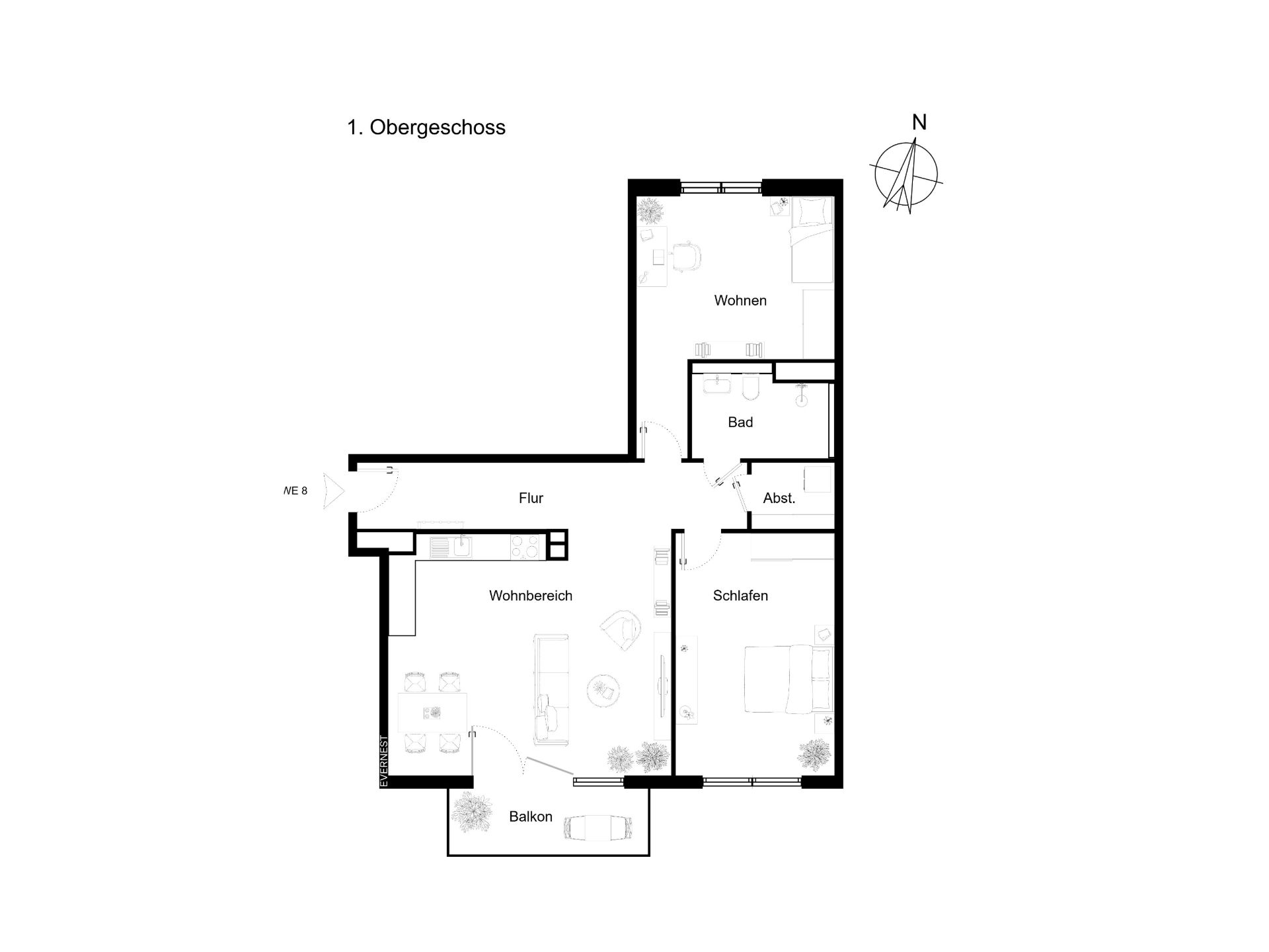 Grundriss einer Wohnung mit Wohnbereich, Bad, Schlafzimmer, Wohnzimmer, Flur und Balkon.
