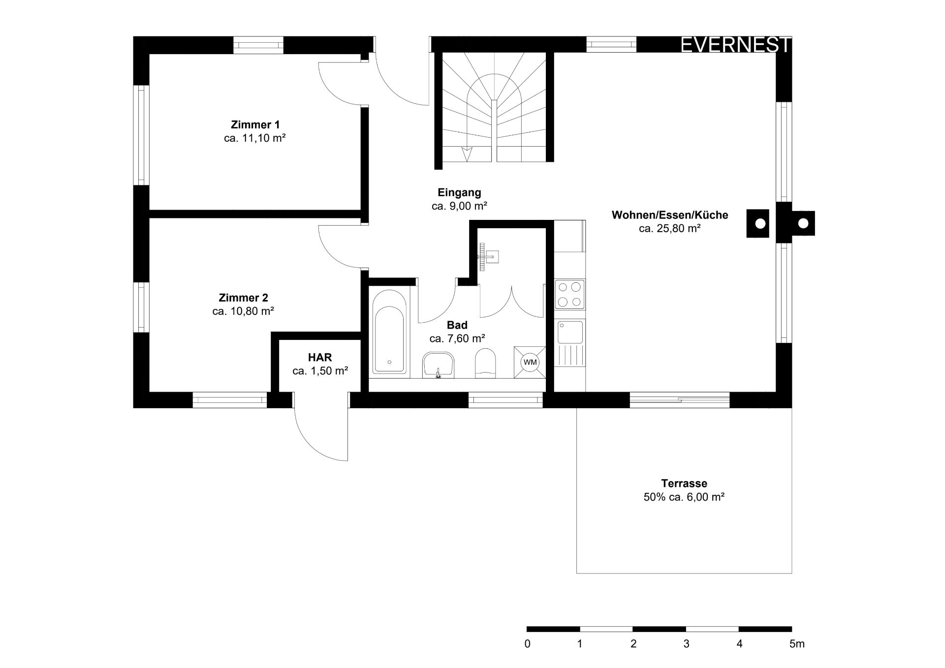 Grundriss einer Wohnung mit zwei Zimmern, Bad, Küche und Terrasse.