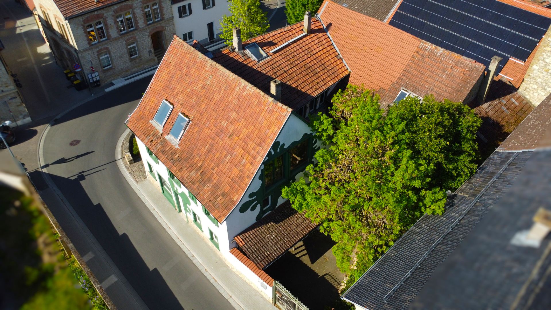 Luftaufnahme eines Wohnhauses mit rotem Dach und bemalter Fassade, daneben ein großer Baum an der Straße.