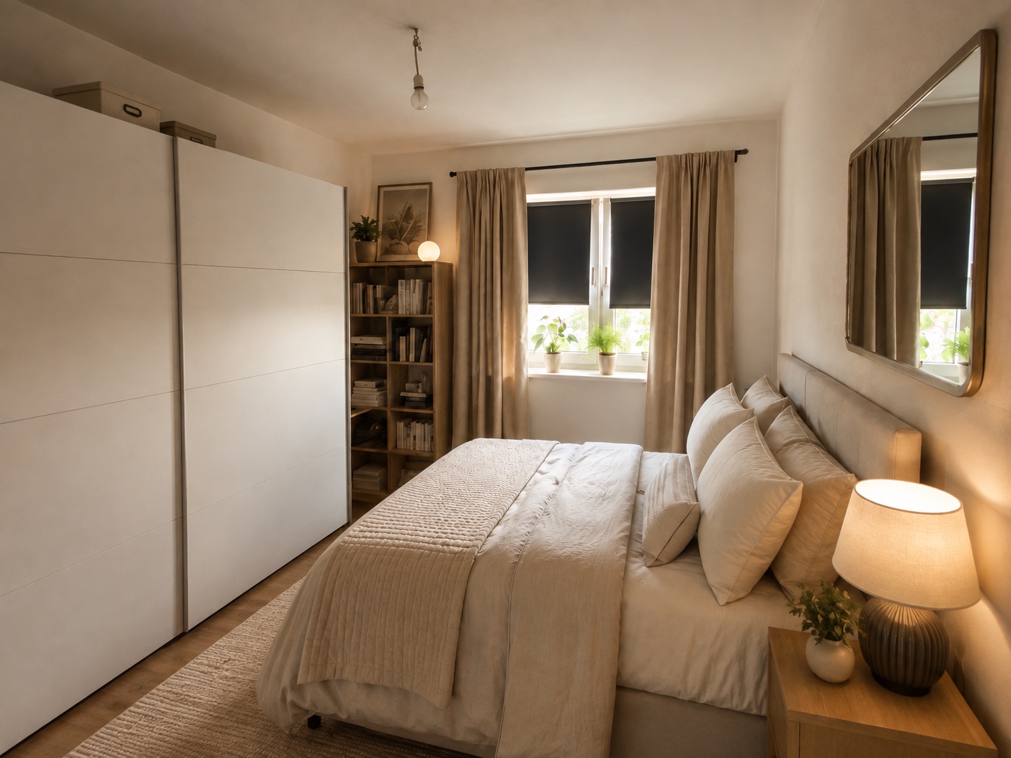 Modernes Schlafzimmer mit Doppelbett, großem Kleiderschrank, Bücherregal und Fenster mit Vorhängen.