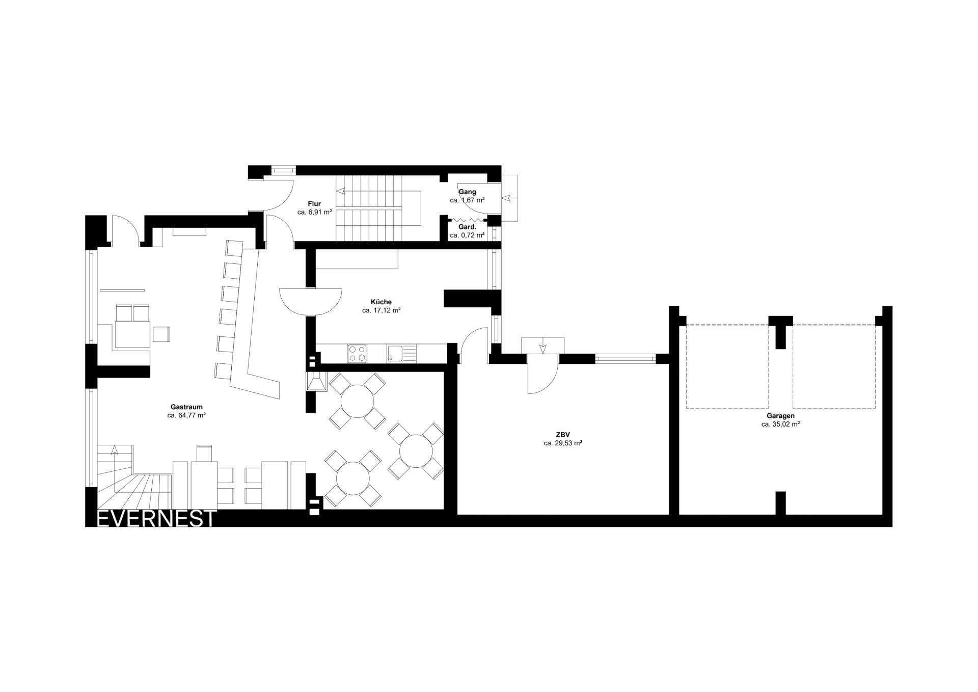 Grundriss mit Wohnbereich, Küche, Esszimmer, Flur und Garage.