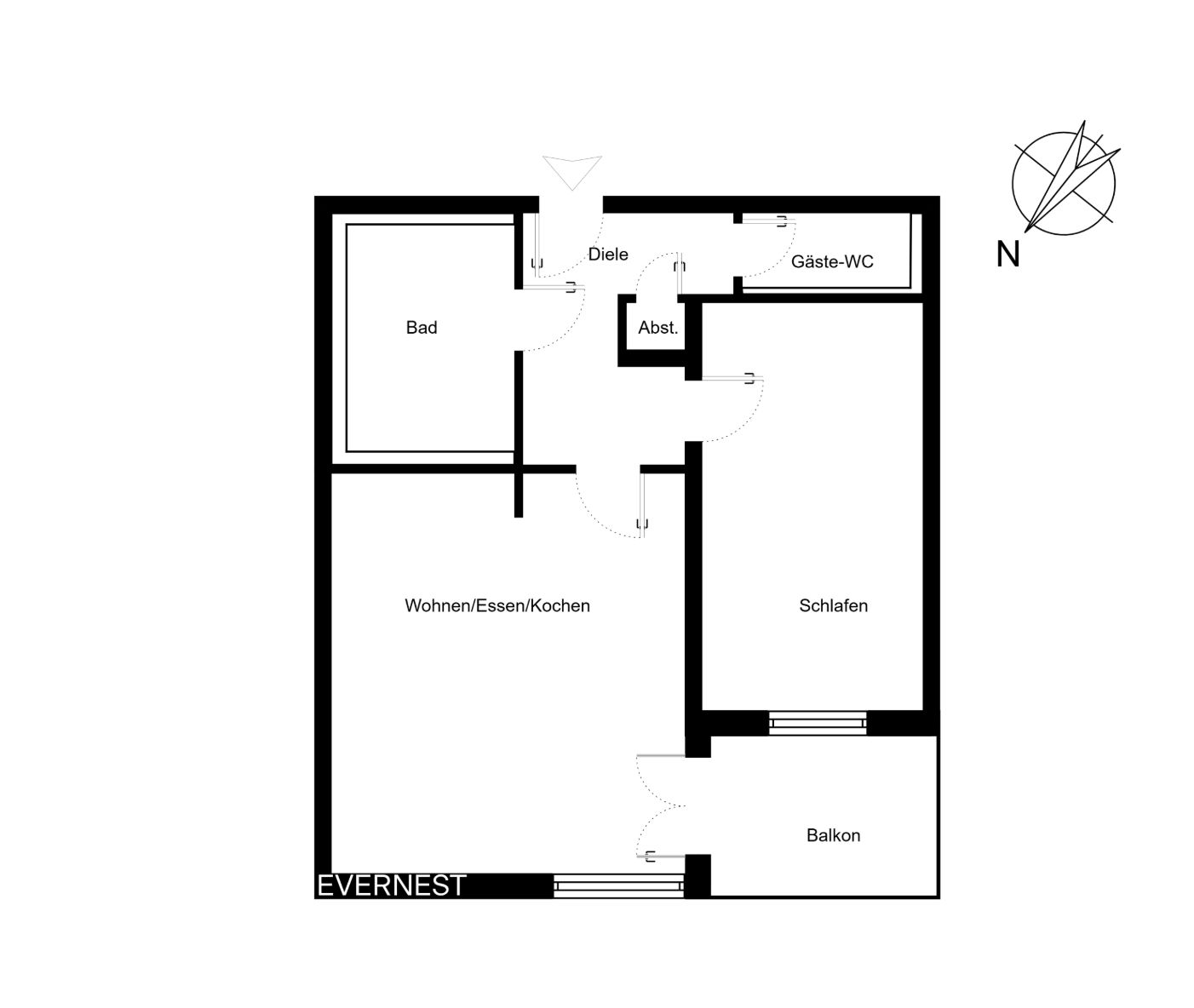 Grundriss einer Wohnung mit Bad, Gäste-WC, Schlafzimmer, Balkon und offenem Wohnbereich.