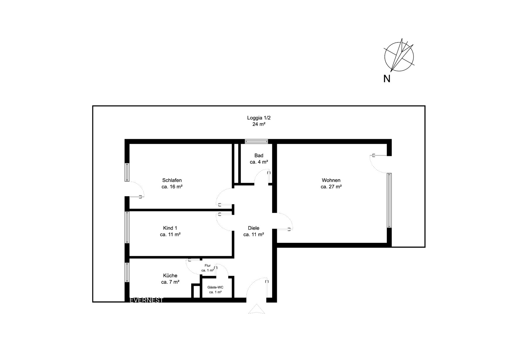 Grundriss einer Wohnung mit Schlafzimmer, Kinderzimmer, Küche, Bad, Wohnzimmer, Flur und Loggia.