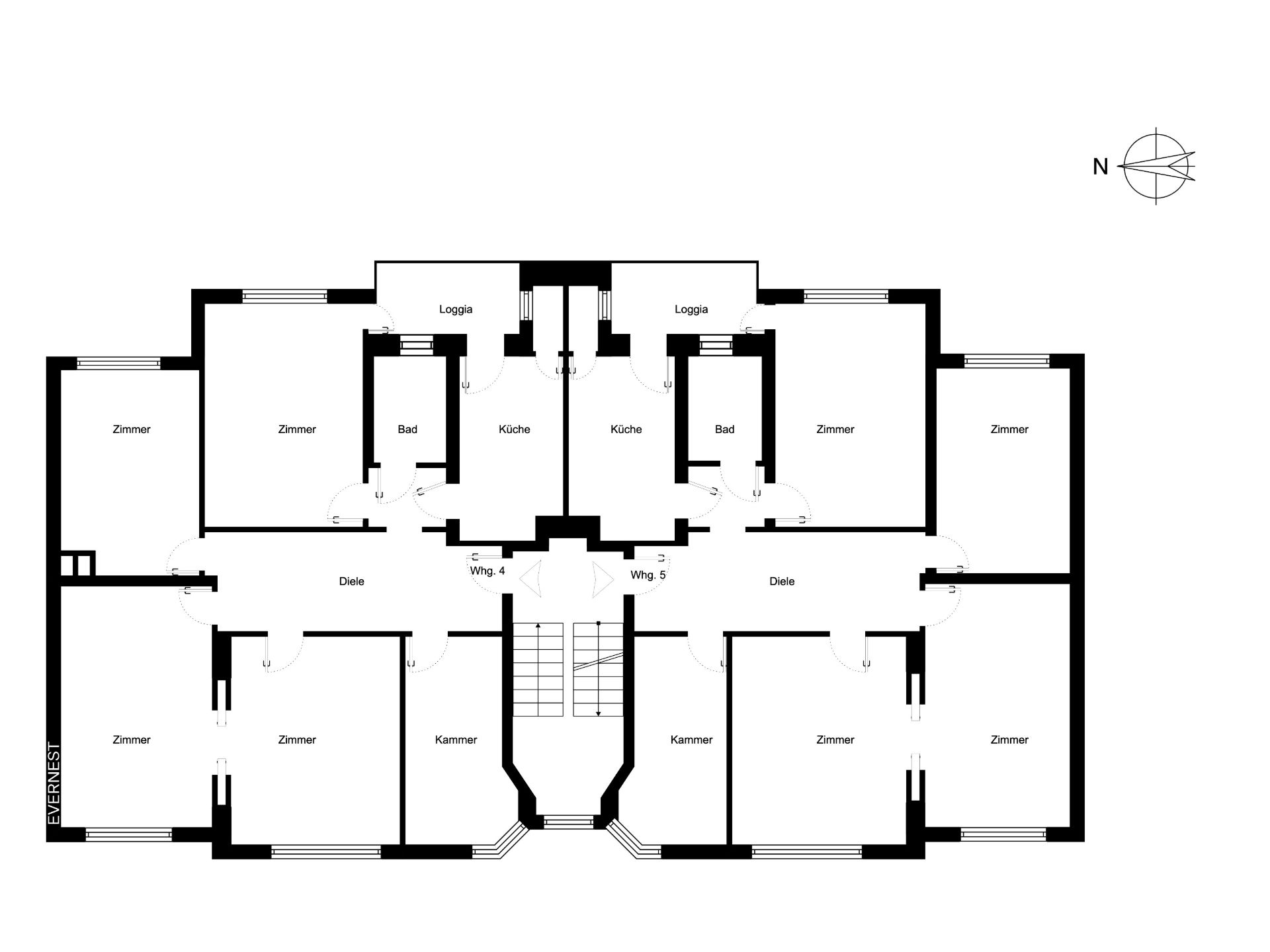 Grundriss mit mehreren Zimmern, Küchen, Bädern und zwei Loggien, zentralem Treppenhaus.