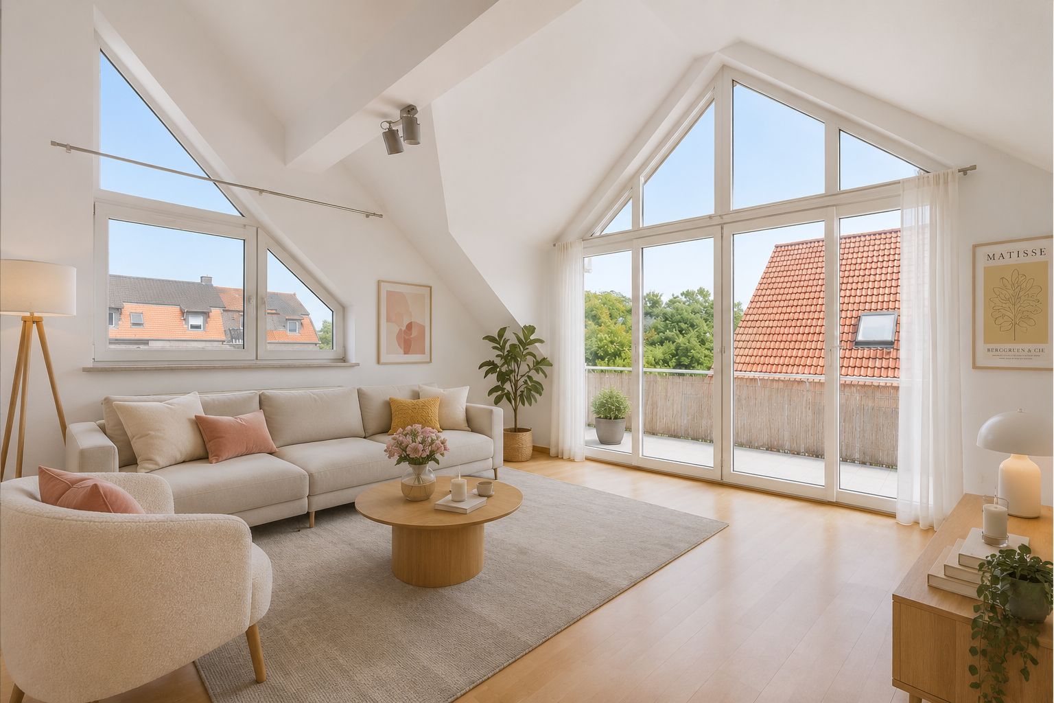 Helles Wohnzimmer mit großen Fenstern, Sofa, Sessel, Couchtisch und Zimmerpflanzen.