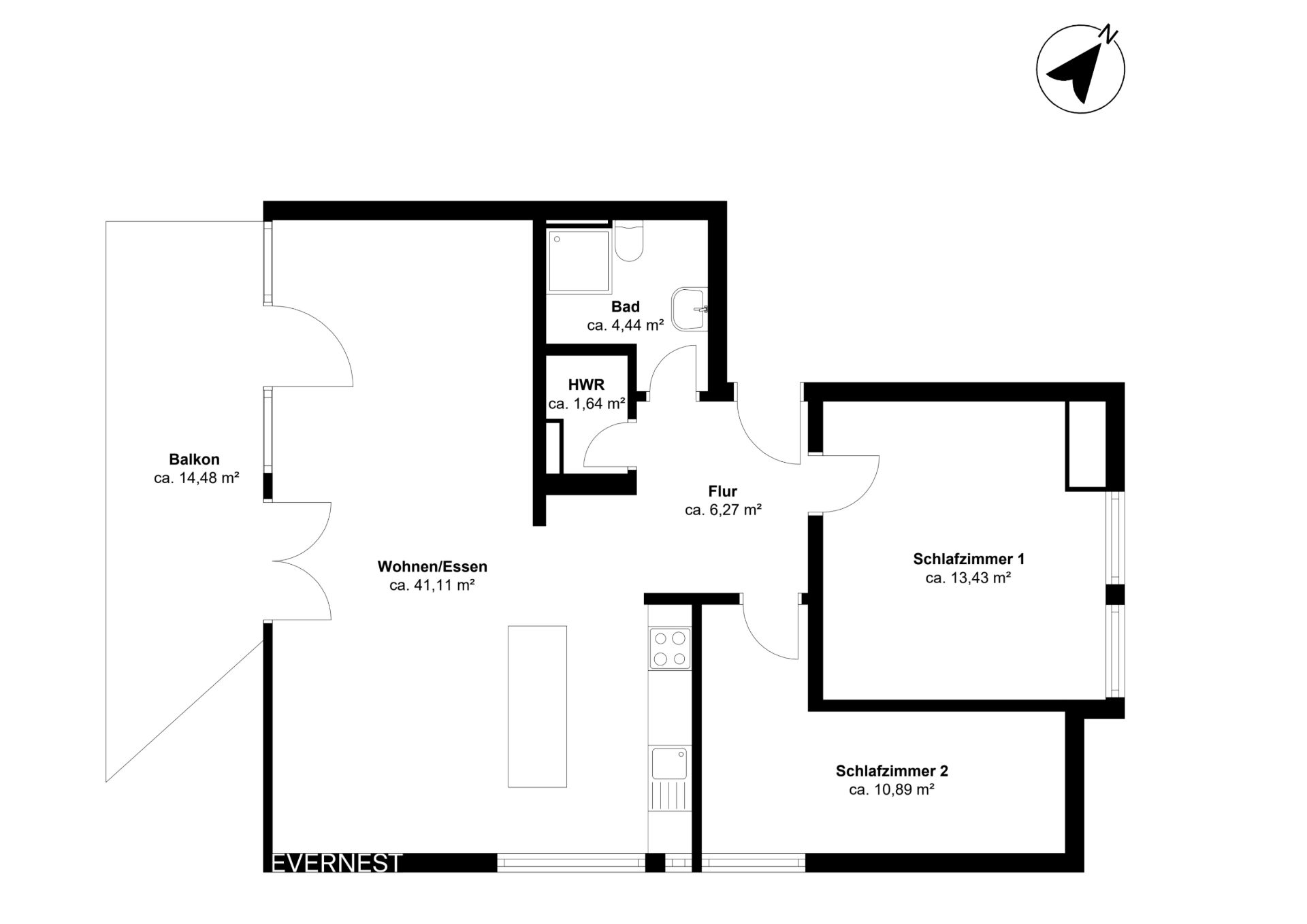 Grundriss einer Wohnung mit zwei Schlafzimmern, Bad, Flur, Wohn-/Essbereich und Balkon.