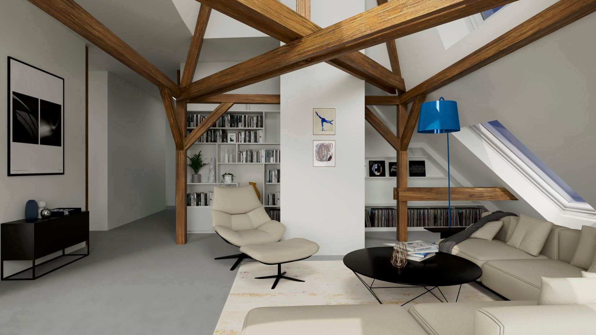 Modernes Wohnzimmer mit sichtbaren Holzbalken, Regalwand, Sofa, Sessel und Dachfenster.