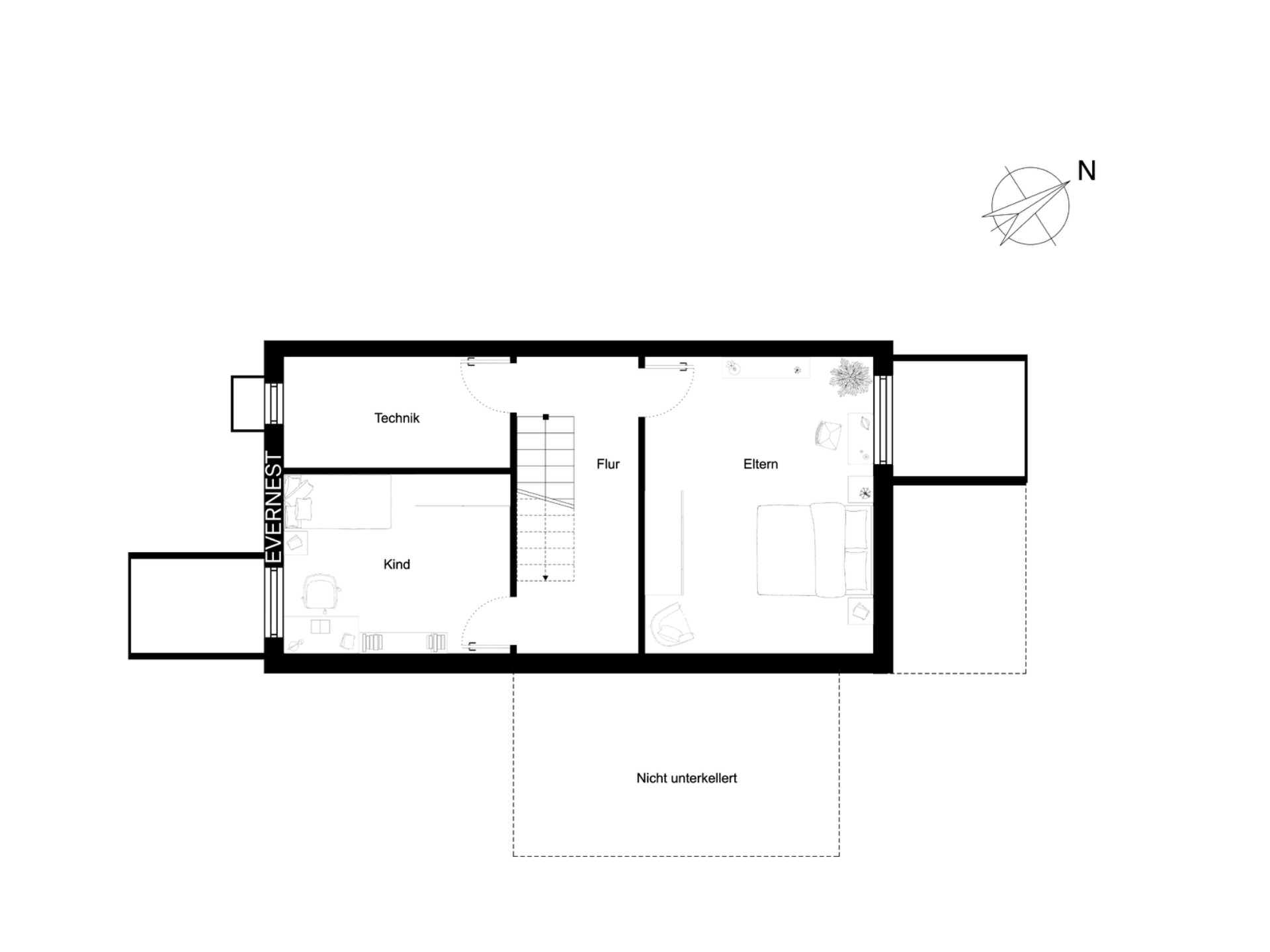 Grundriss mit Flur, Elternschlafzimmer, Kinderzimmer und Technikraum.
