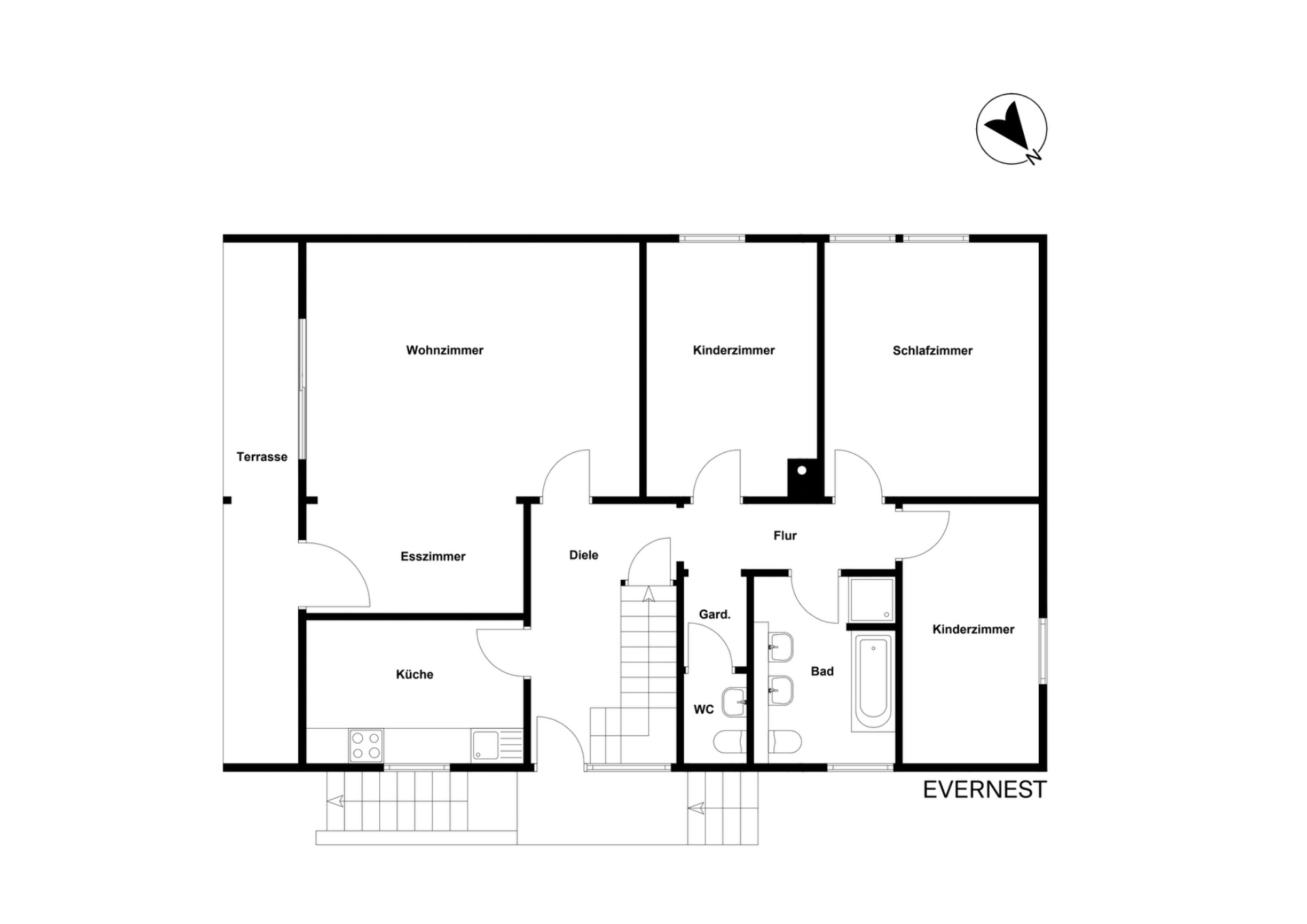Grundriss einer Wohnung mit Wohnzimmer, Küche, Esszimmer, Bad und Schlafzimmern.