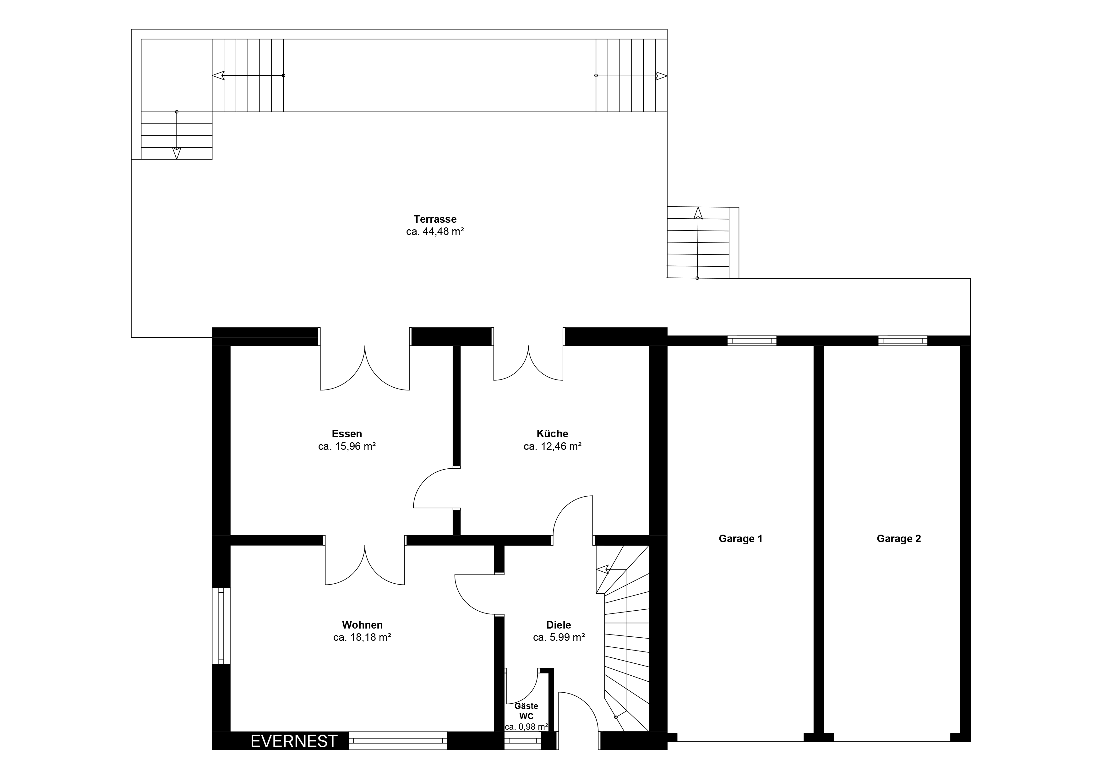Grundriss mit Terrasse, Wohn-, Ess- und Küchenbereich, Gäste-WC, Diele und zwei Garagen.