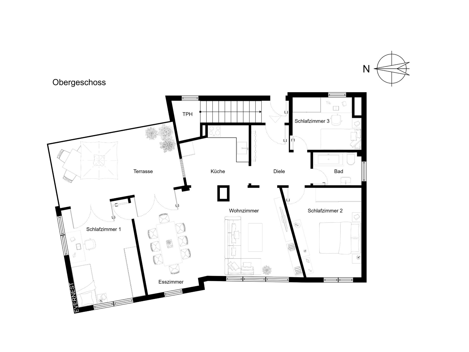 Grundriss eines Obergeschosses mit drei Schlafzimmern, Wohnzimmer, Küche, Bad, Esszimmer und Terrasse.