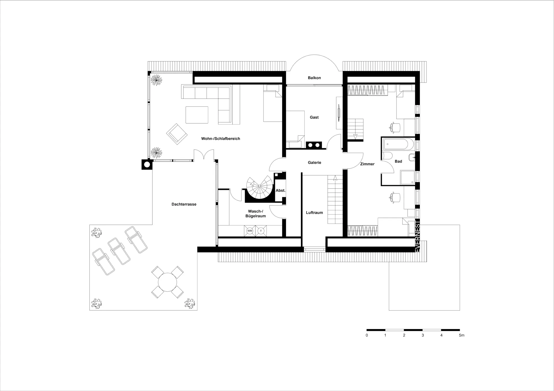 Grundriss einer Wohnung mit Wohnzimmer, Bad, Zimmer, Balkon und Dachterrasse.