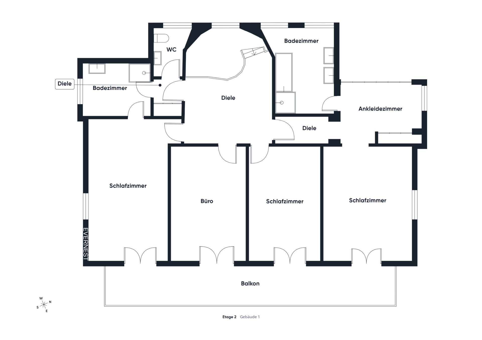 Grundriss einer Wohnung mit drei Schlafzimmern, Büro, zwei Bädern, Ankleidezimmer und Balkon.