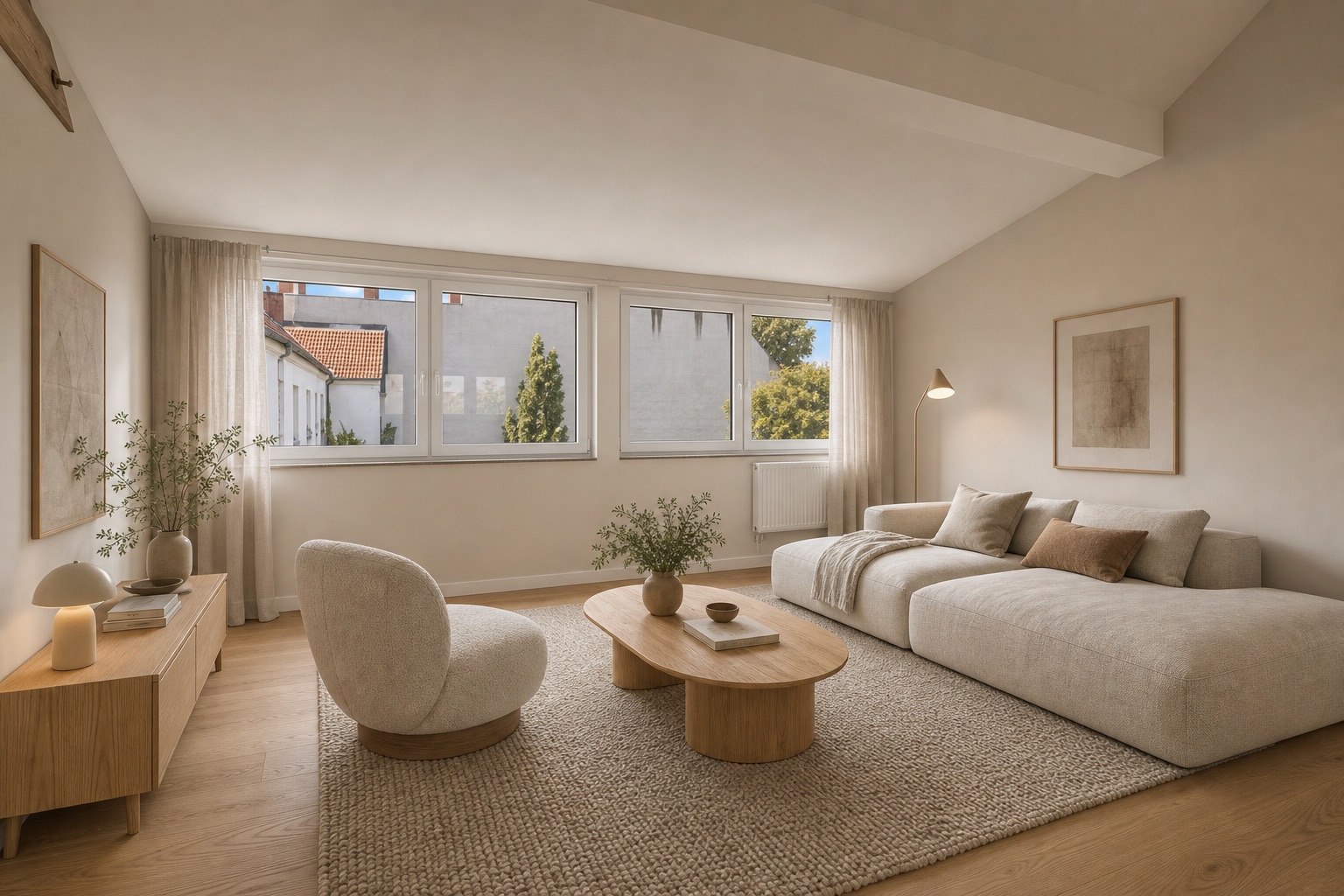 Modernes Wohnzimmer mit großem Sofa, Sessel, Holztisch und großen Fenstern.