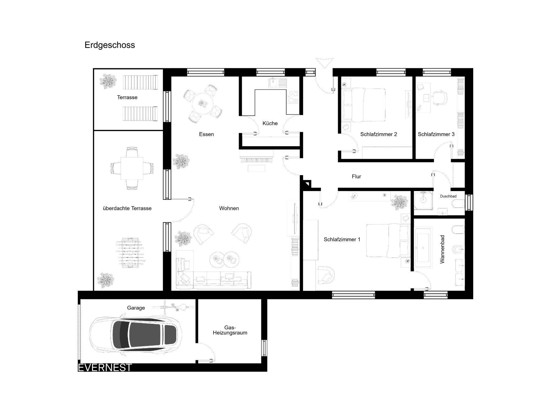 Grundriss des Erdgeschosses mit drei Schlafzimmern, Wohnzimmer, Küche, Bad, Terrasse und Garage.
