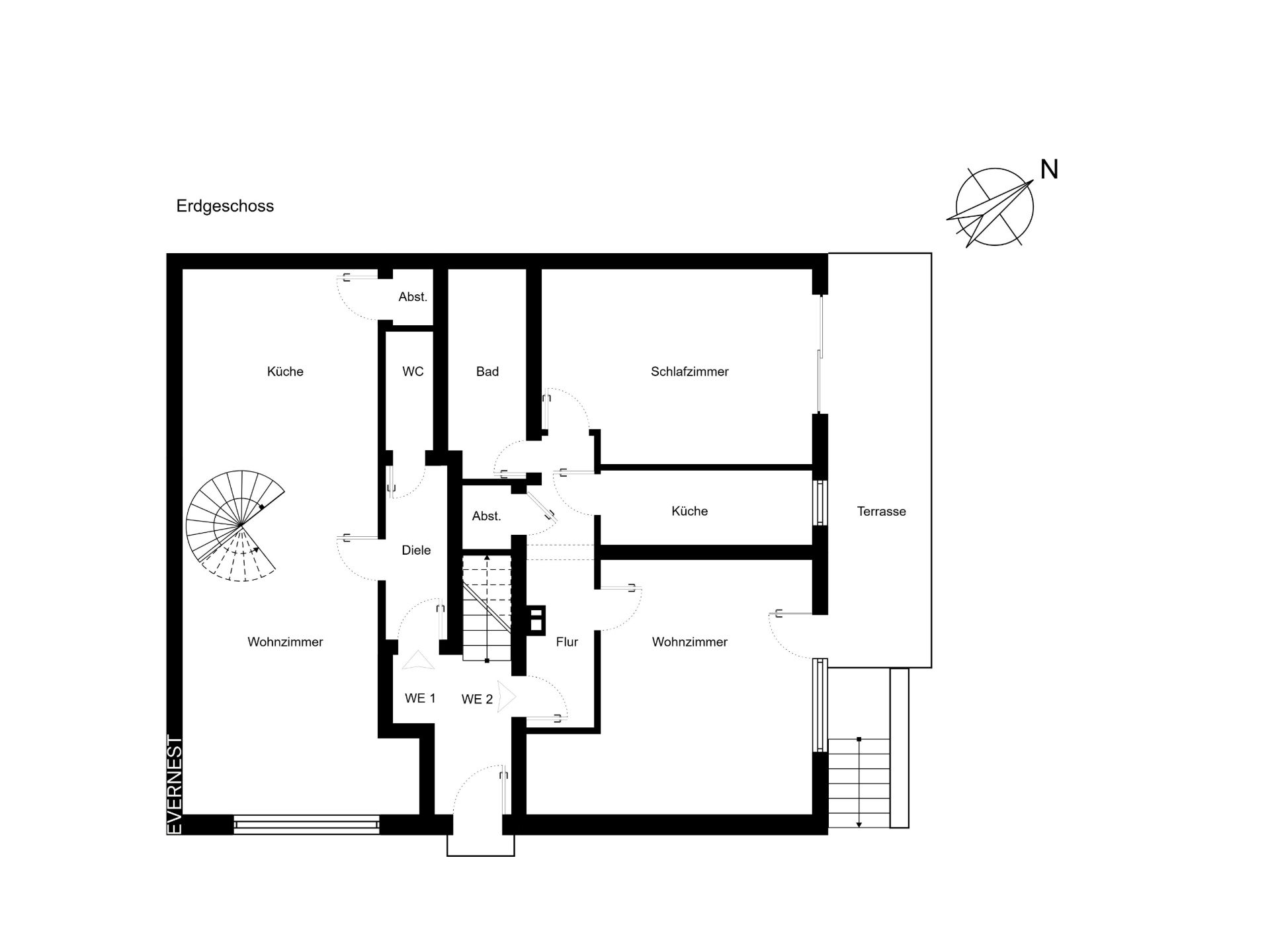 Grundriss des Erdgeschosses mit Wohnzimmer, Küche, Schlafzimmer, Bad und Terrasse.