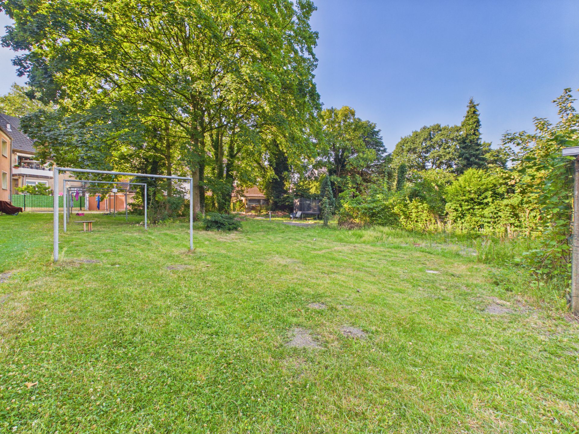 Großer grüner Garten mit Wäscheleinen, Bäumen und umliegender Vegetation.