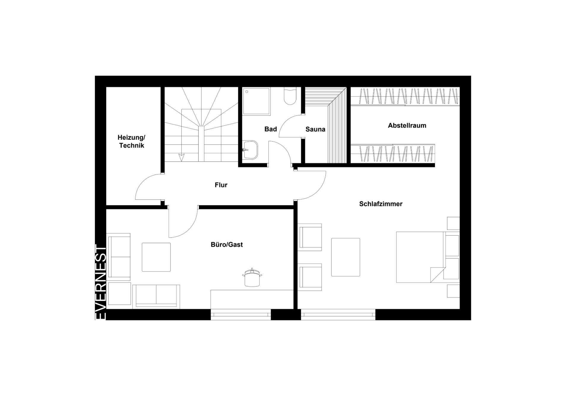 Grundriss mit Schlafzimmer, Bad, Sauna, Abstellraum, Büro/Gast, Flur und Technikraum.