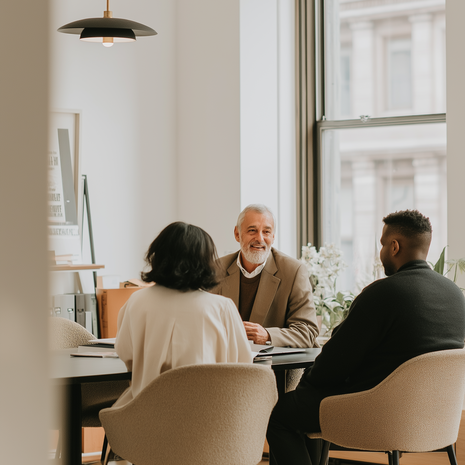 Drei Personen stehen in einem hellen Raum mit großen Fenstern und Holzfußboden.