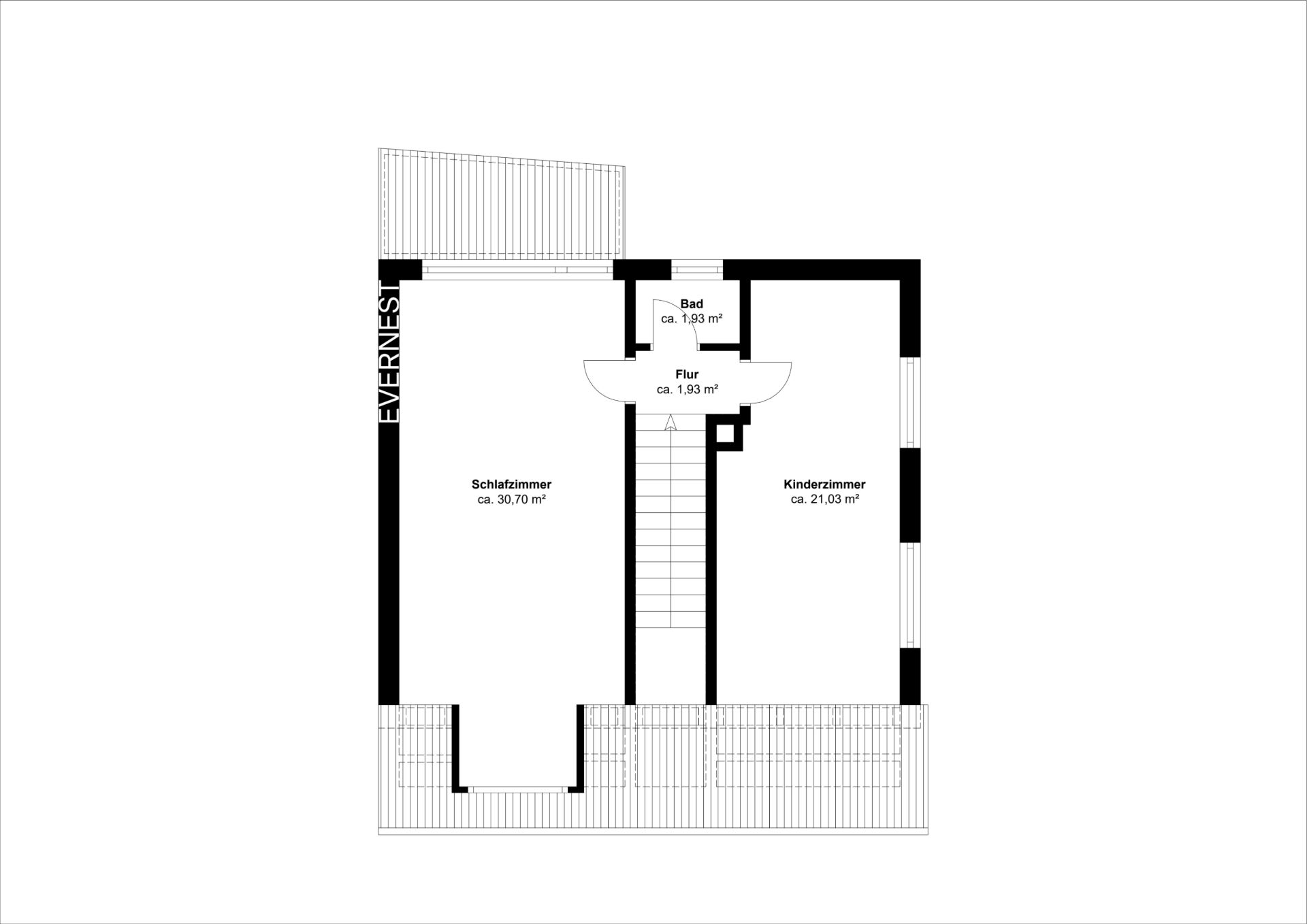 Grundriss mit Schlafzimmer, Kinderzimmer, Bad und Flur, jeweils mit Flächenangaben.