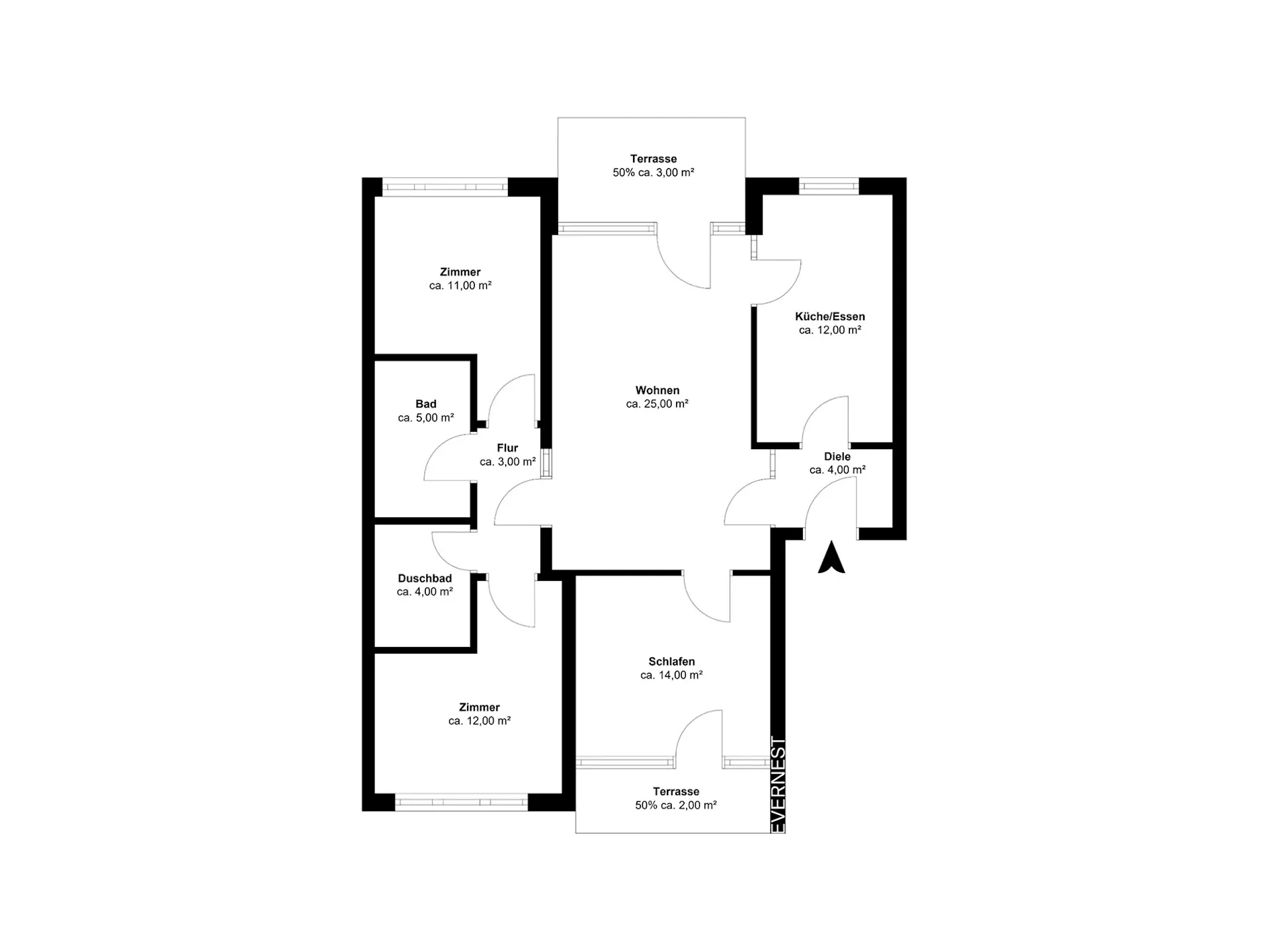 Grundriss einer Wohnung mit mehreren Zimmern, zwei Bädern, Küche, zwei Terrassen und Flur.