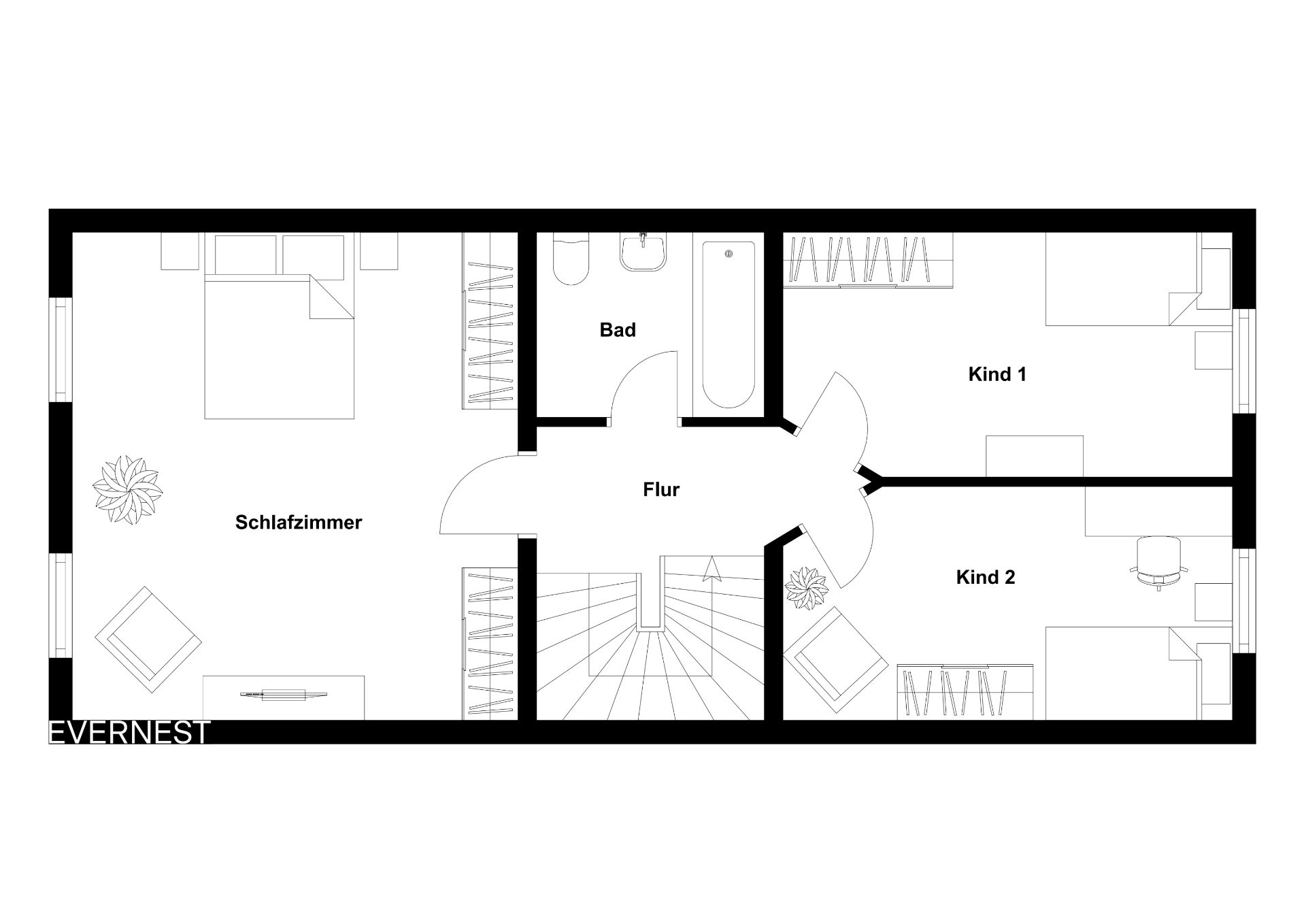 Grundriss mit Schlafzimmer, zwei Kinderzimmern, Bad und Flur eines Wohnhauses.