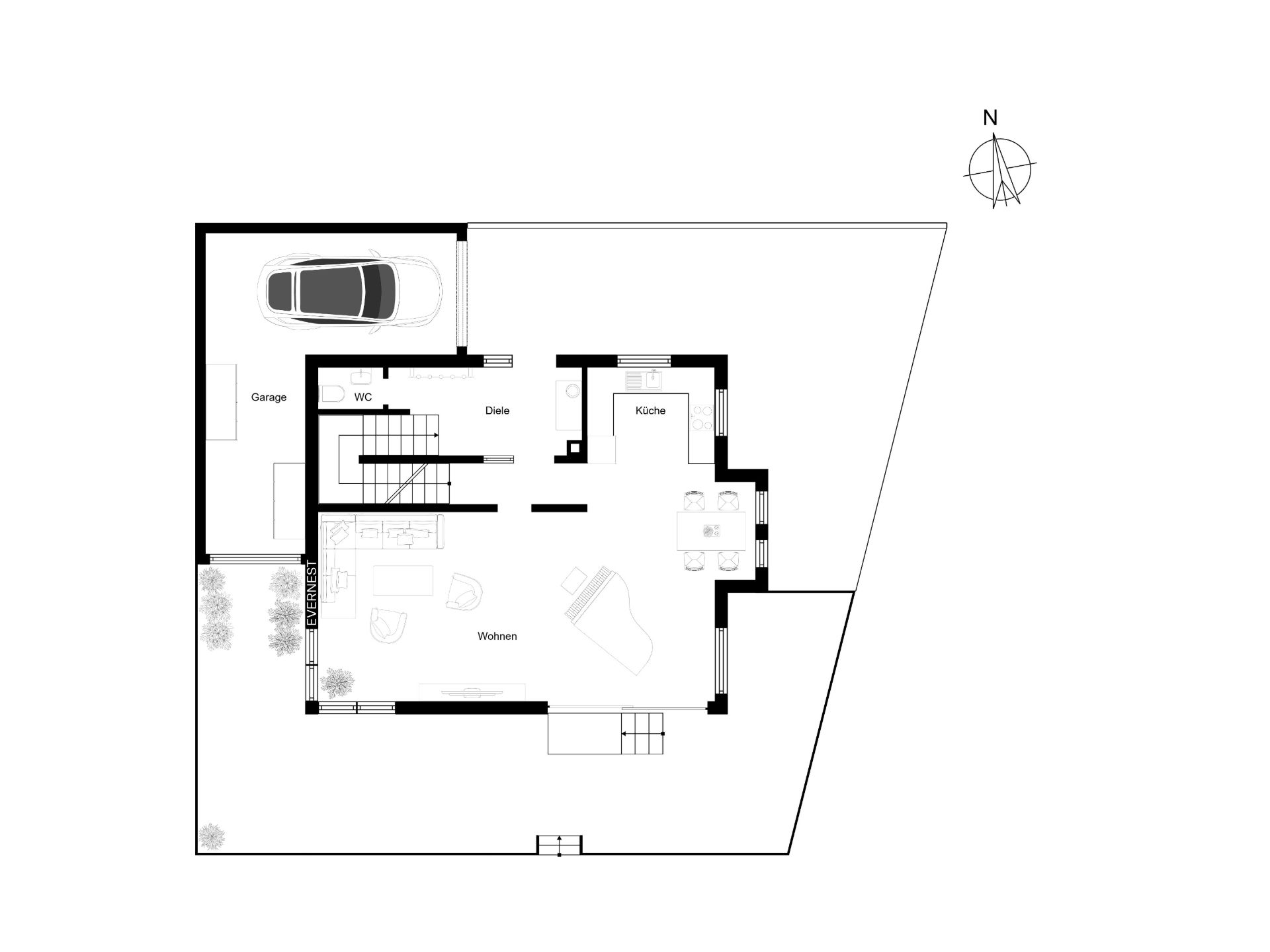 Grundriss eines Wohnhauses mit Garage, Wohnzimmer, Küche, WC und Essbereich.