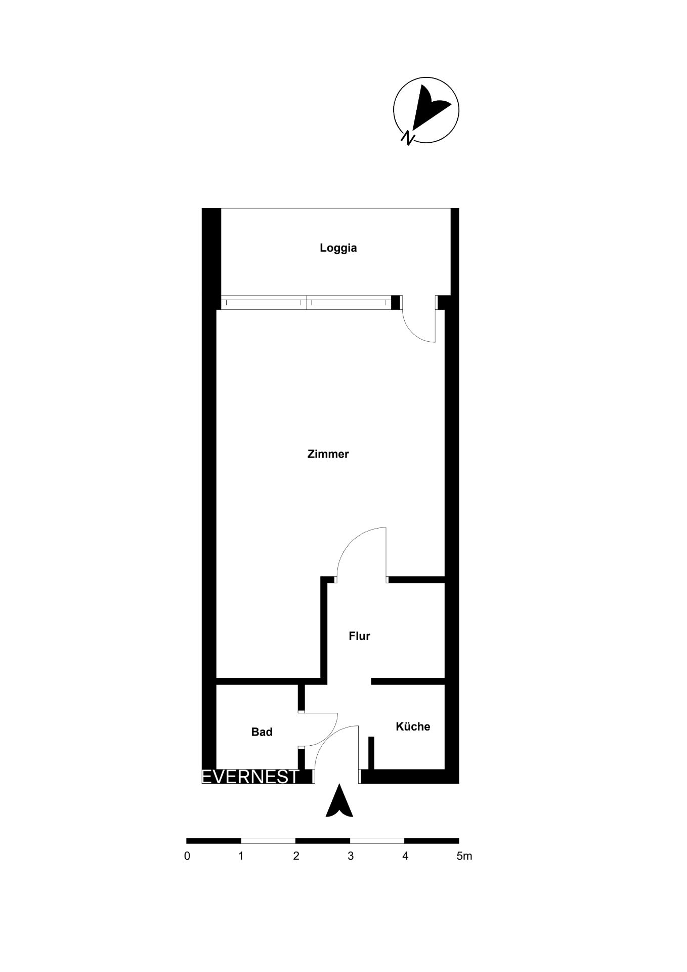 Grundriss einer Wohnung mit Zimmer, Flur, Küche, Bad und Loggia.
