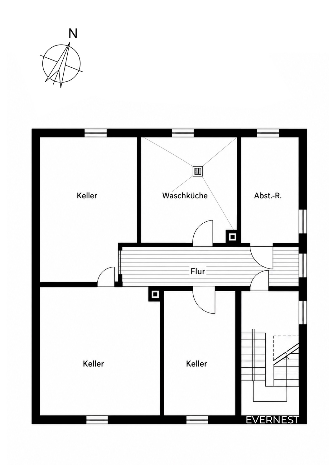 Grundriss eines Kellers mit Waschküche, Abstellraum, Flur und mehreren Kellerräumen.
