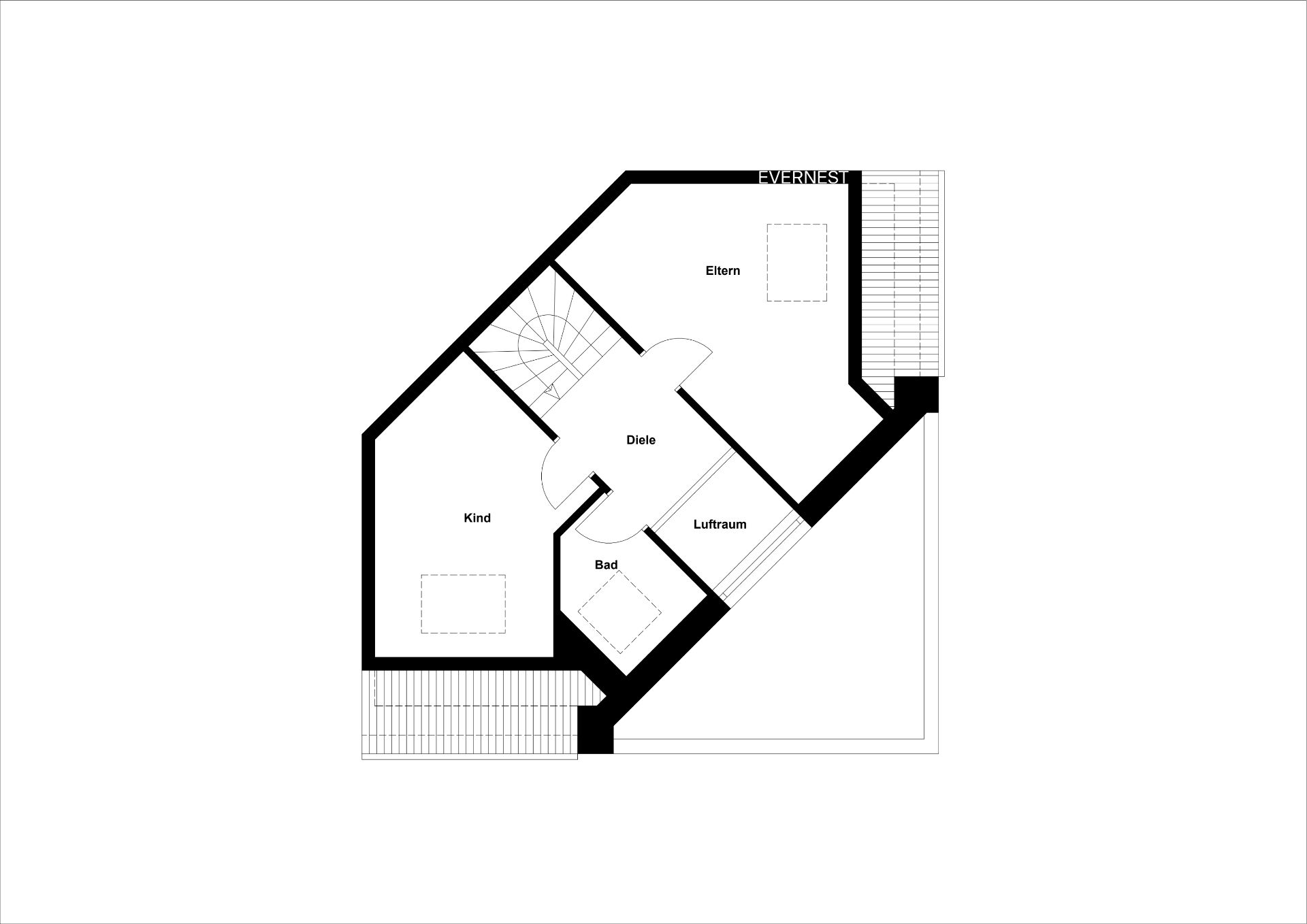Grundriss eines Obergeschosses mit Eltern-, Kinderzimmer, Bad, Diele und Luftraum.