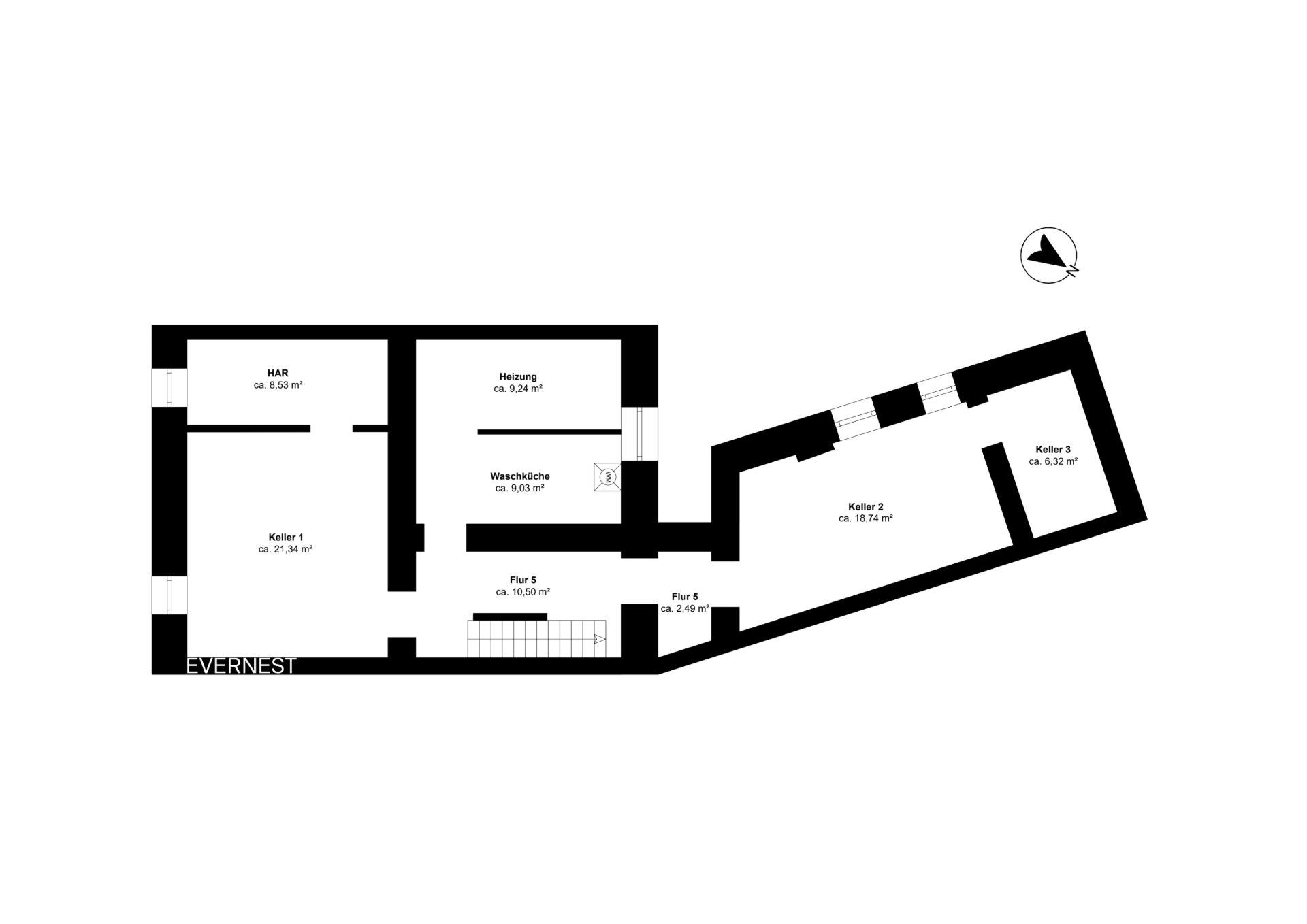 Grundriss eines Kellers mit mehreren Räumen, darunter Heizungsraum und Waschküche.
