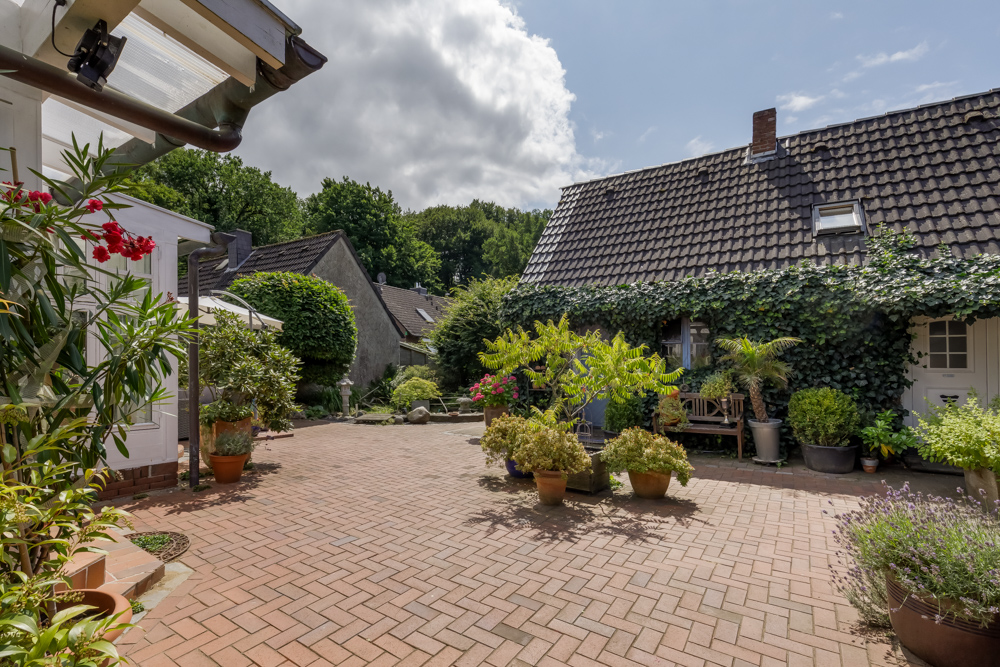 Gepflasterter Innenhof mit vielen Pflanzen in Töpfen und einem Haus mit Efeubewachsener Fassade.