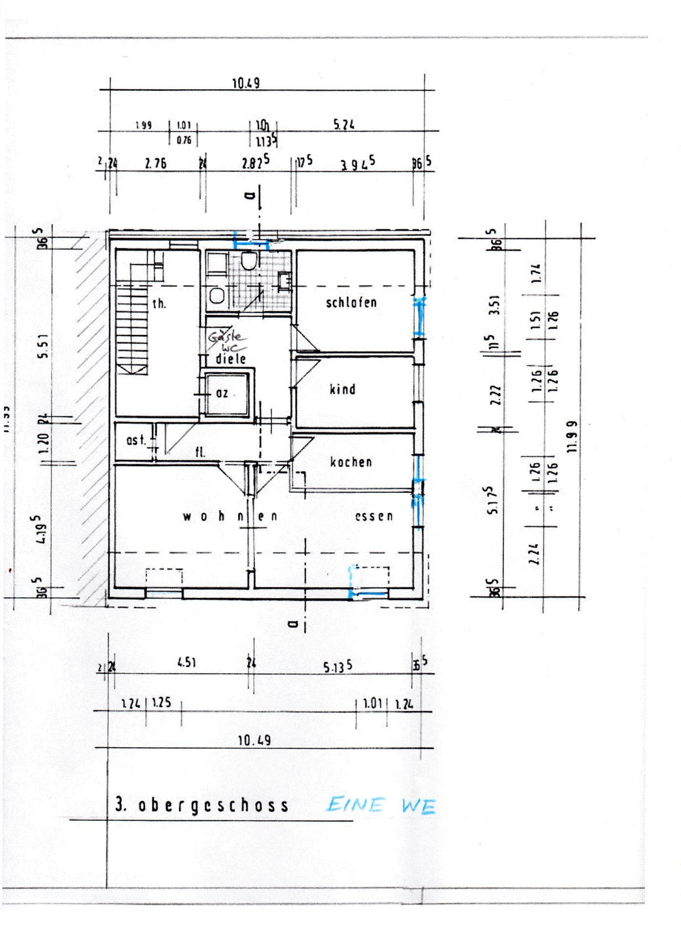 Grundriss einer Wohnung mit Schlaf-, Kinder-, Wohn-, Esszimmer, Küche und Bad.