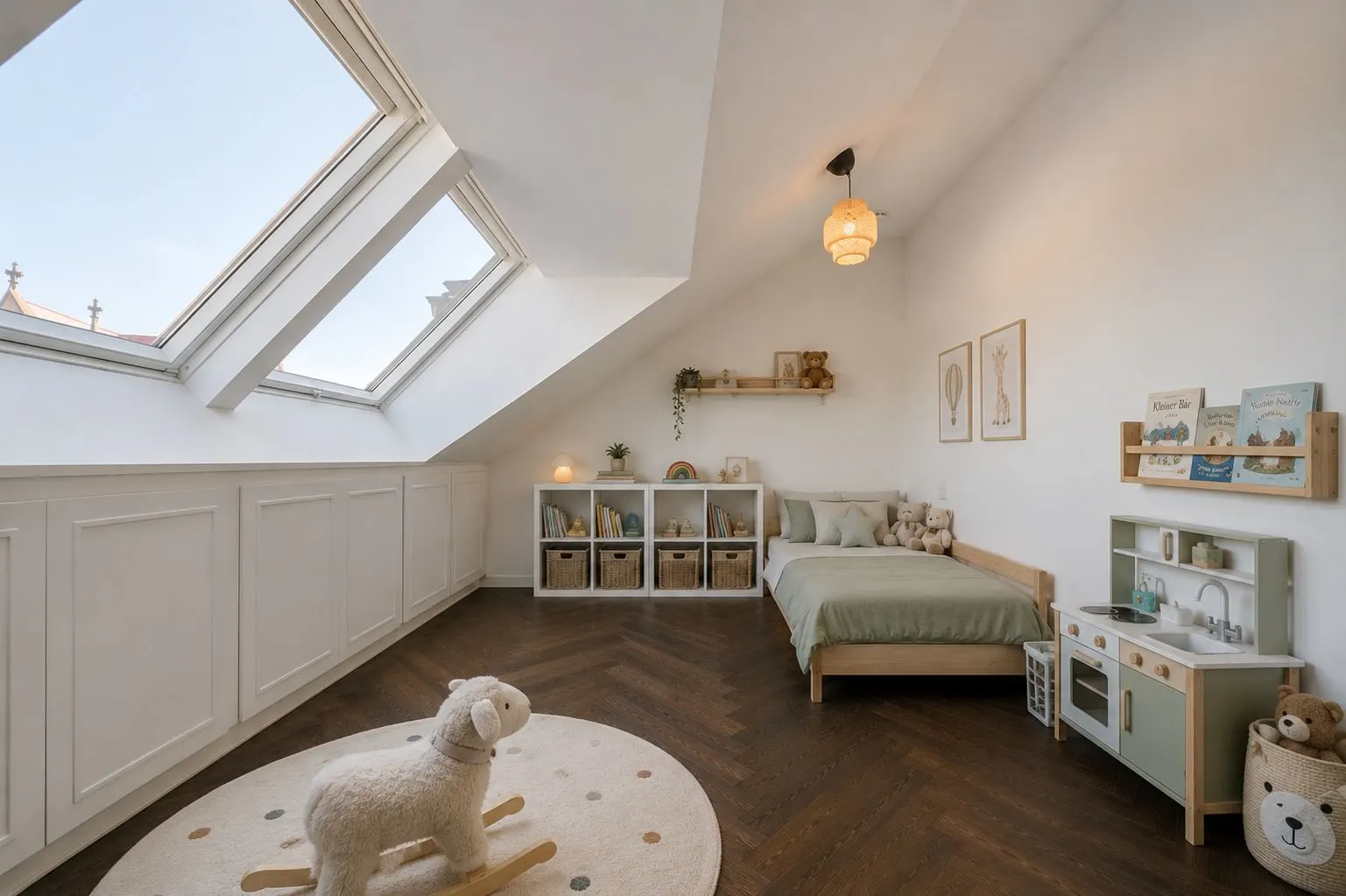 Kinderzimmer mit Dachfenster, Bett, Spielzeug-Regalen und einer kleinen Spielküche.