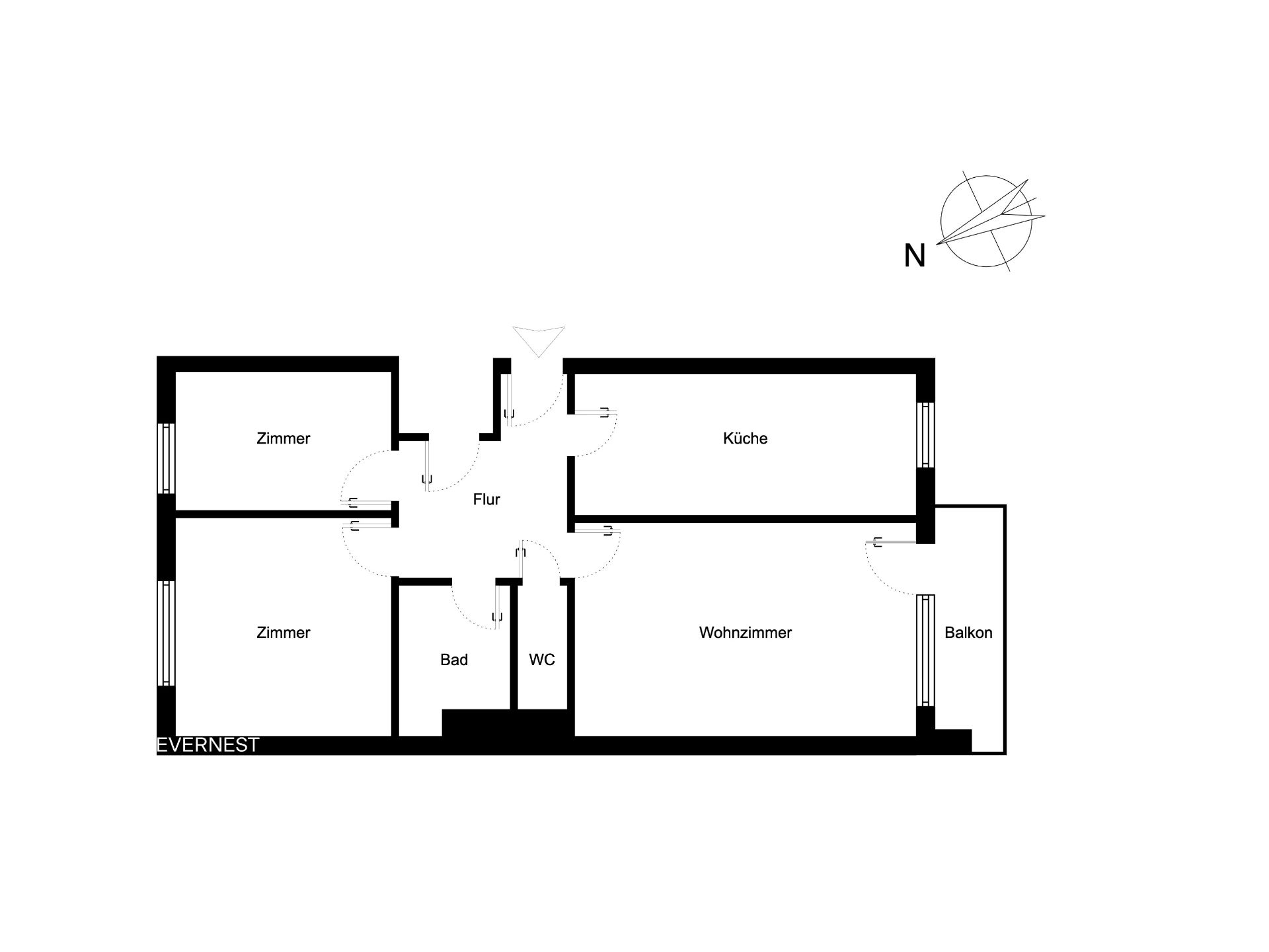 Grundriss mit zwei Zimmern, Küche, Wohnzimmer, Bad, WC, Flur und Balkon.