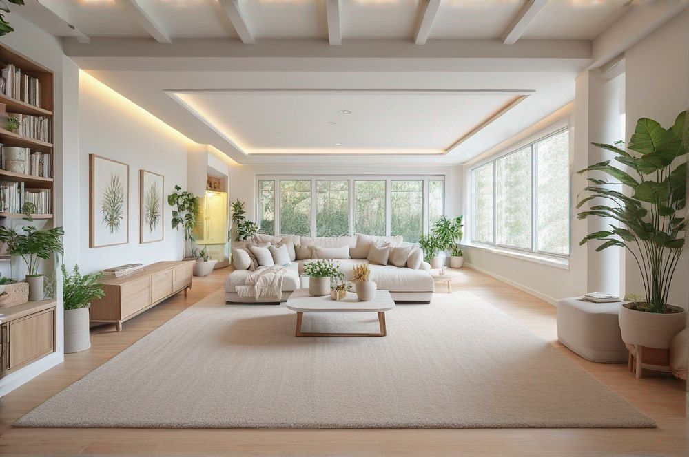 Helles Wohnzimmer mit großem Sofa, Teppich, Pflanzen und großen Fenstern mit Gartenblick.