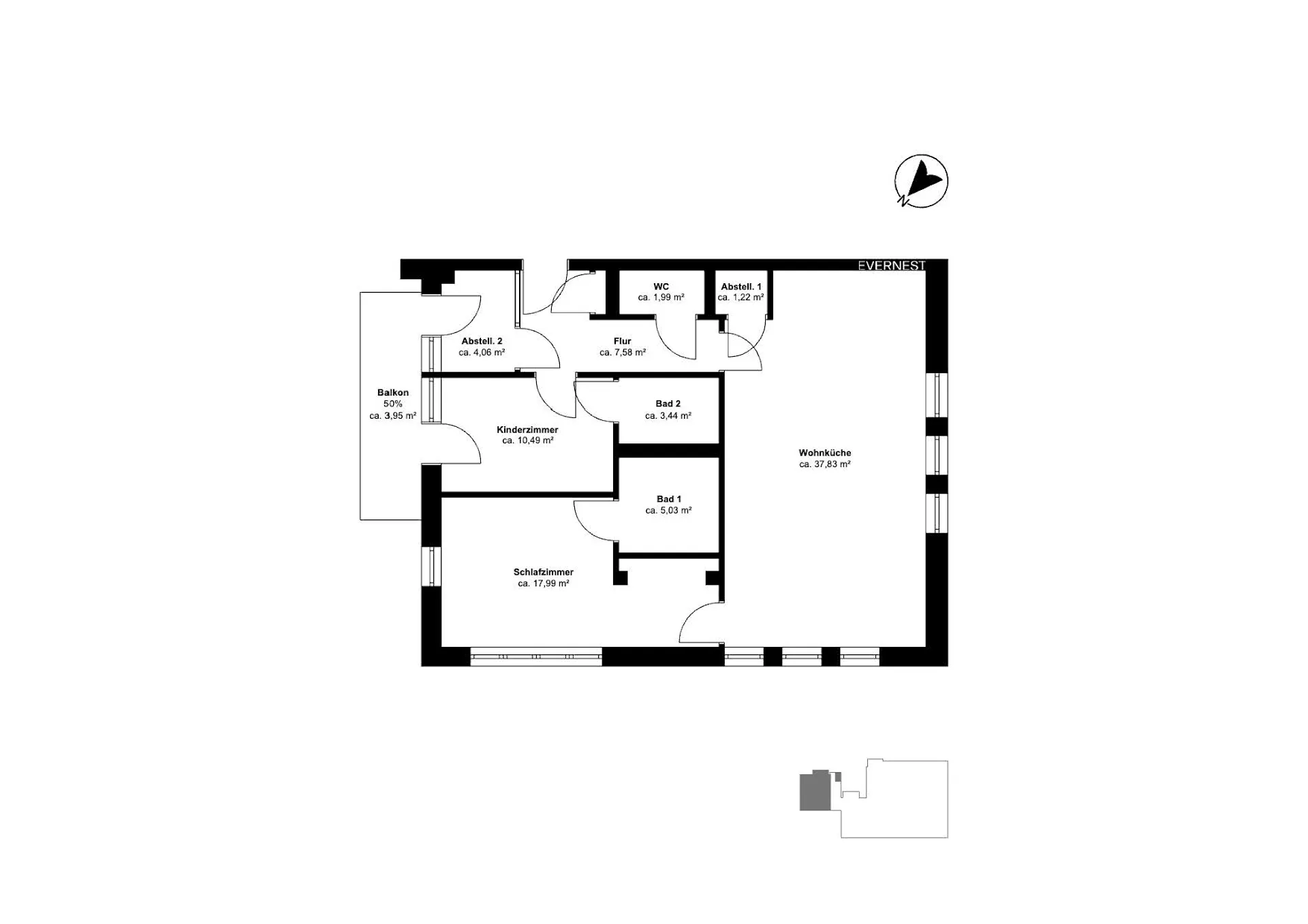 Wohnungsgrundriss mit Wohnküche, Schlafzimmer, Kinderzimmer, zwei Bädern und Balkon.