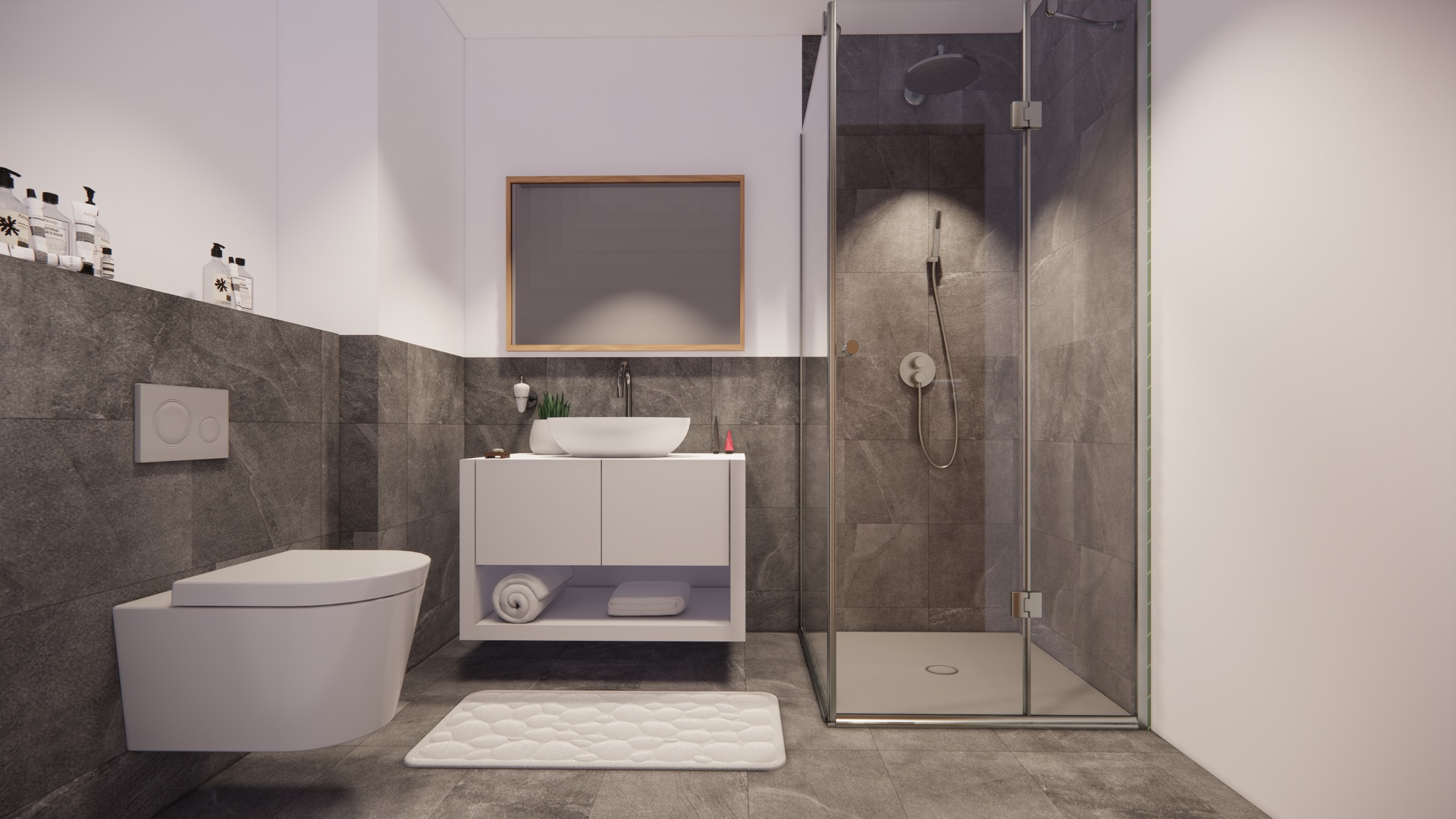 Modernes Badezimmer mit Hänge-WC, Waschbecken, Spiegel und Glasdusche.