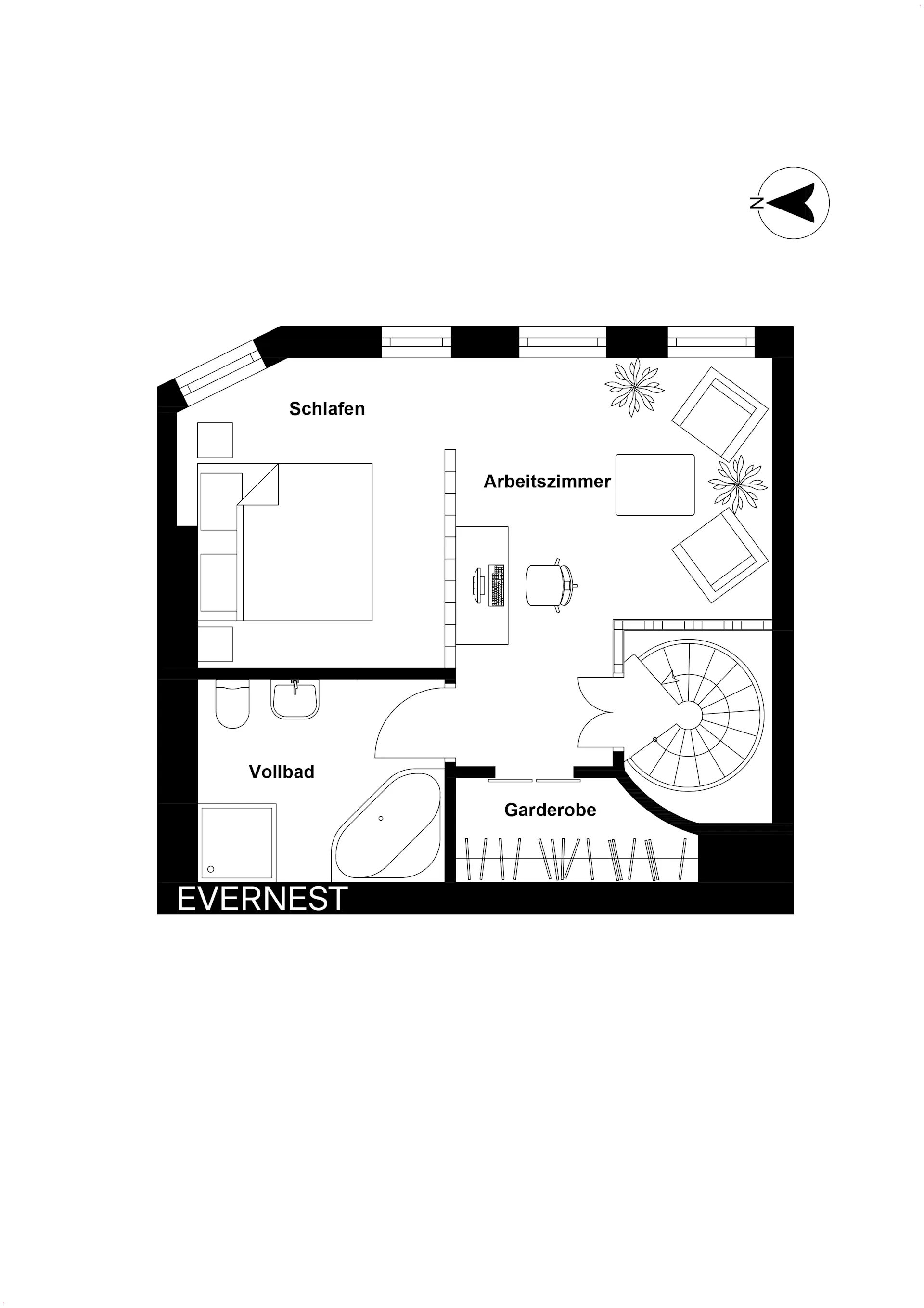 Grundriss mit Schlafzimmer, Arbeitszimmer, Vollbad und Garderobe, inklusive Wendeltreppe.