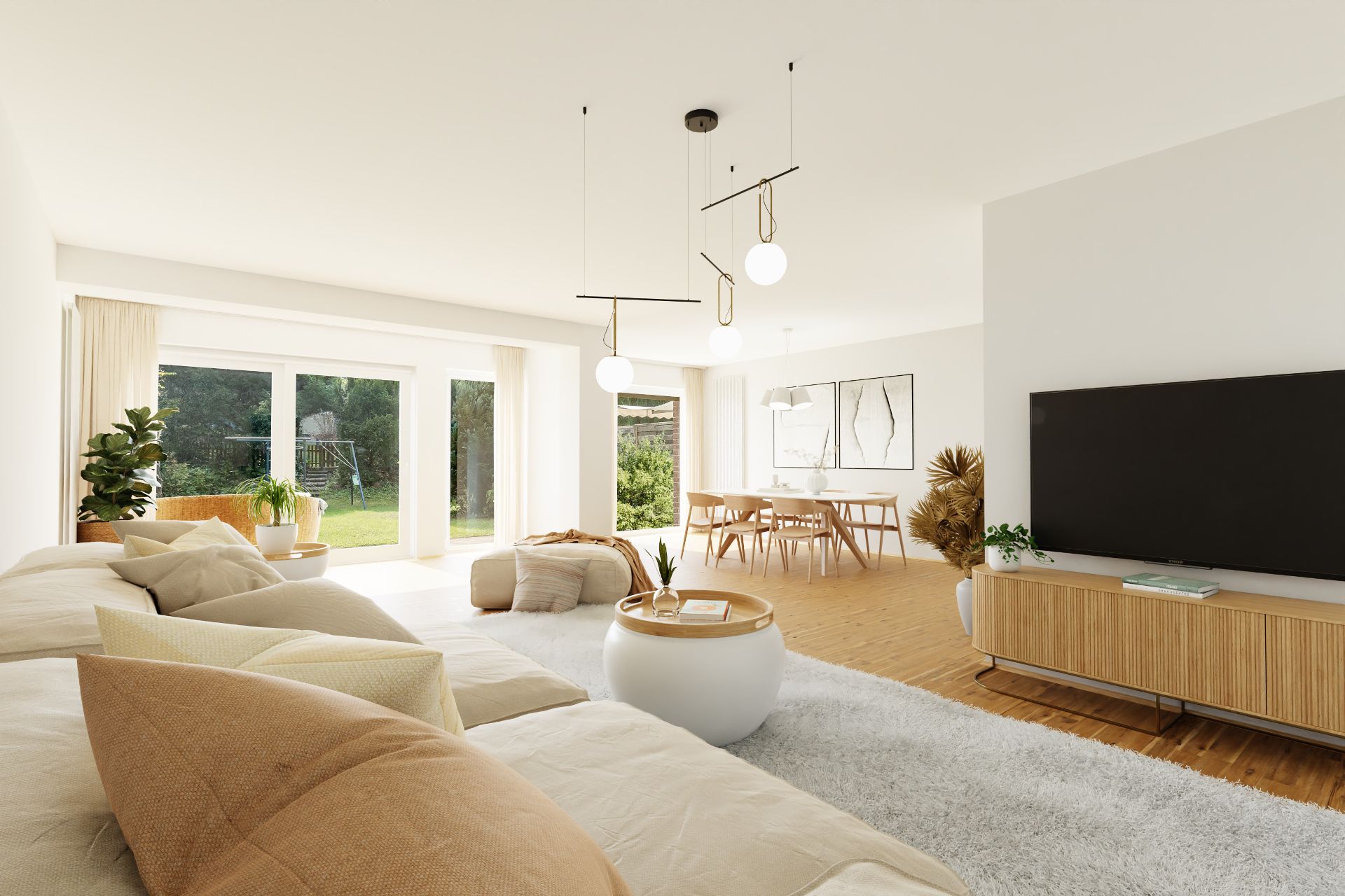 Modernes Wohnzimmer mit großem Sofa, TV, Esstisch und Blick in einen Garten.