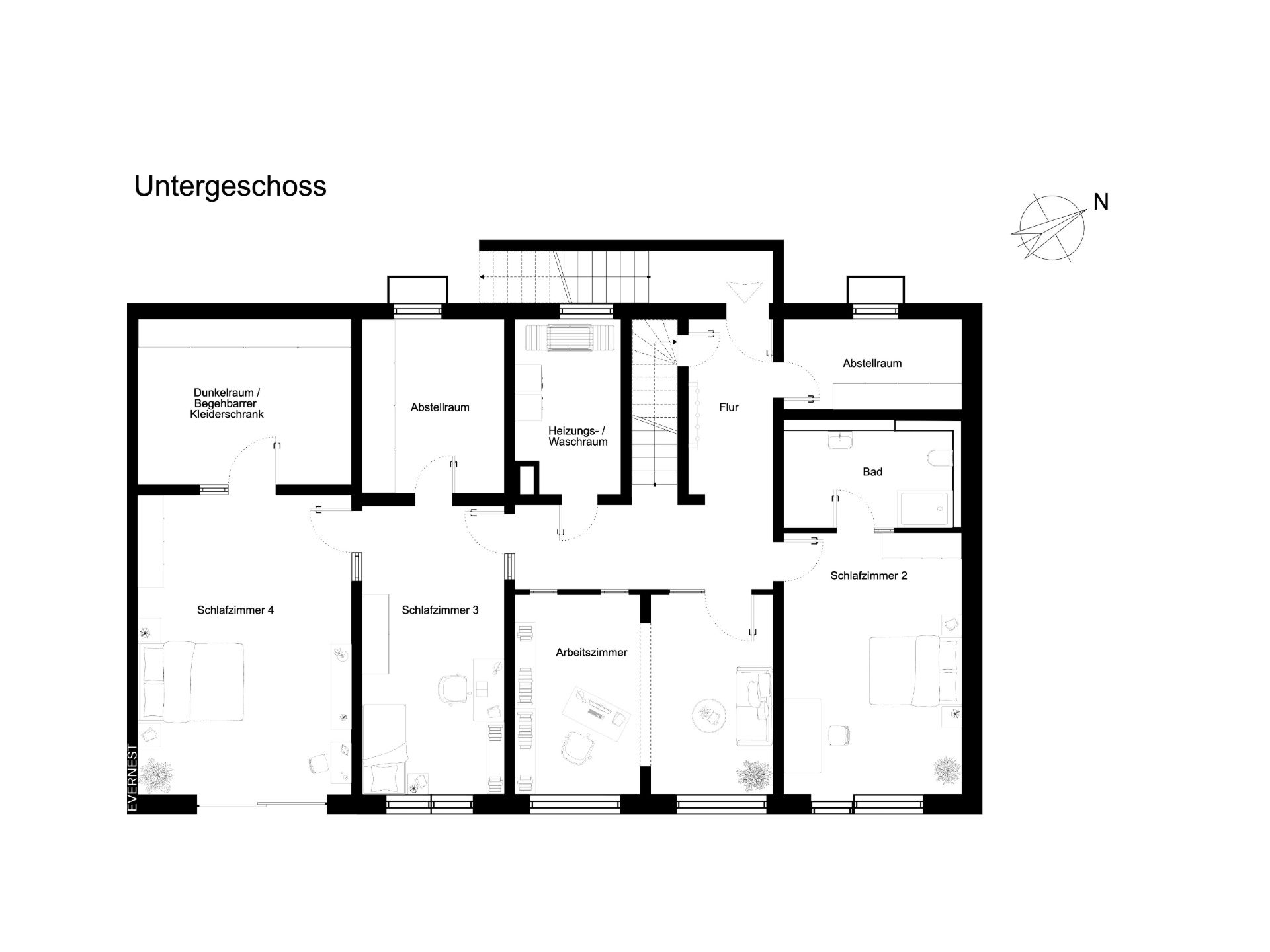 Grundriss eines Untergeschosses mit vier Schlafzimmern, Bad, Arbeitszimmer und mehreren Abstellräumen.