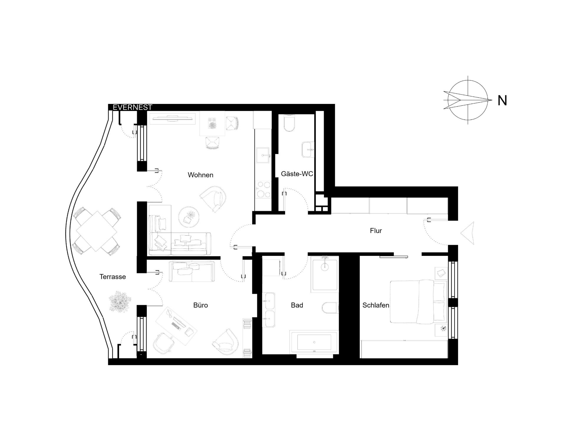Grundriss einer Wohnung mit Terrasse, Wohnzimmer, Büro, Bad, Gäste-WC, Schlafzimmer und Flur.