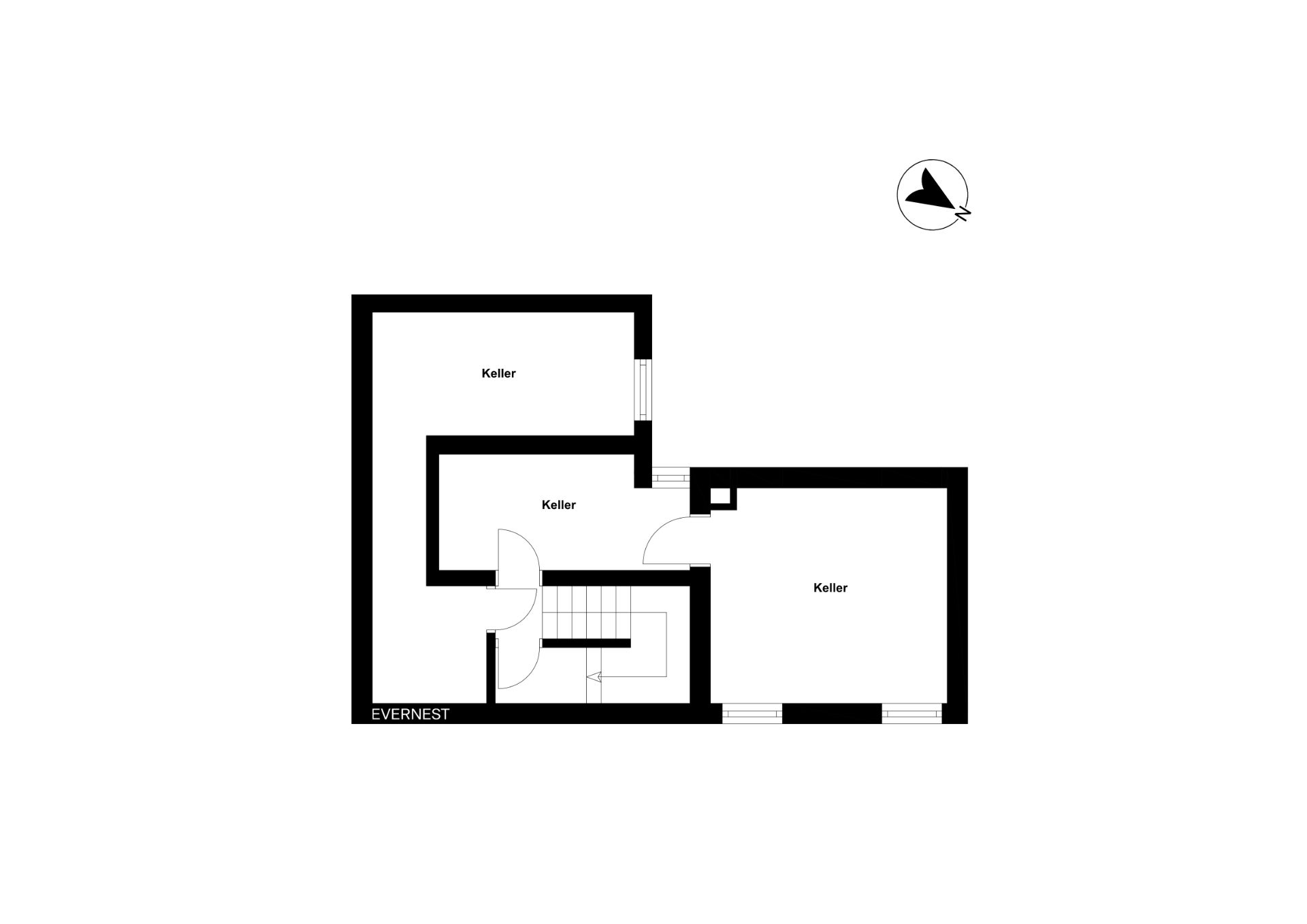 Grundriss mit drei Kellerräumen und Treppe, Räume mit 'Keller' beschriftet.