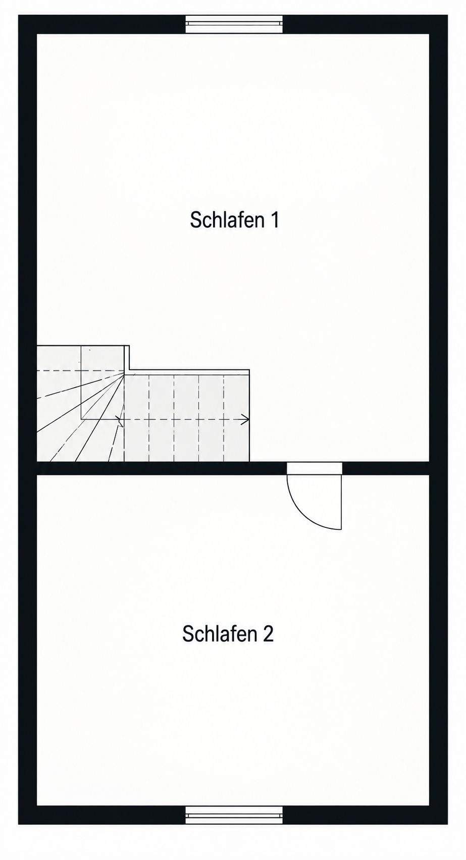 Grundriss mit zwei Schlafzimmern, verbunden durch eine Tür und Treppenaufgang im linken Bereich.